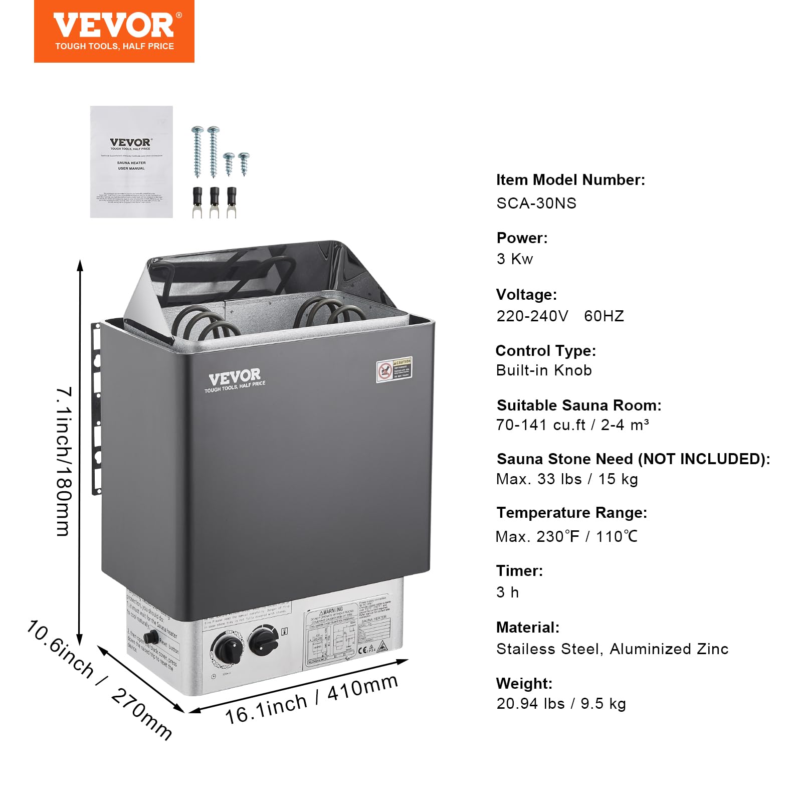 VEVOR 3KW 220V Electric Sauna Heater with Built-in Controls, 3h Timer & Adjustable Temperature (70-141 cu ft) - Home Spa, Hotel Sauna & Steam Bath Use - FCC Certified for Safety & Relaxation