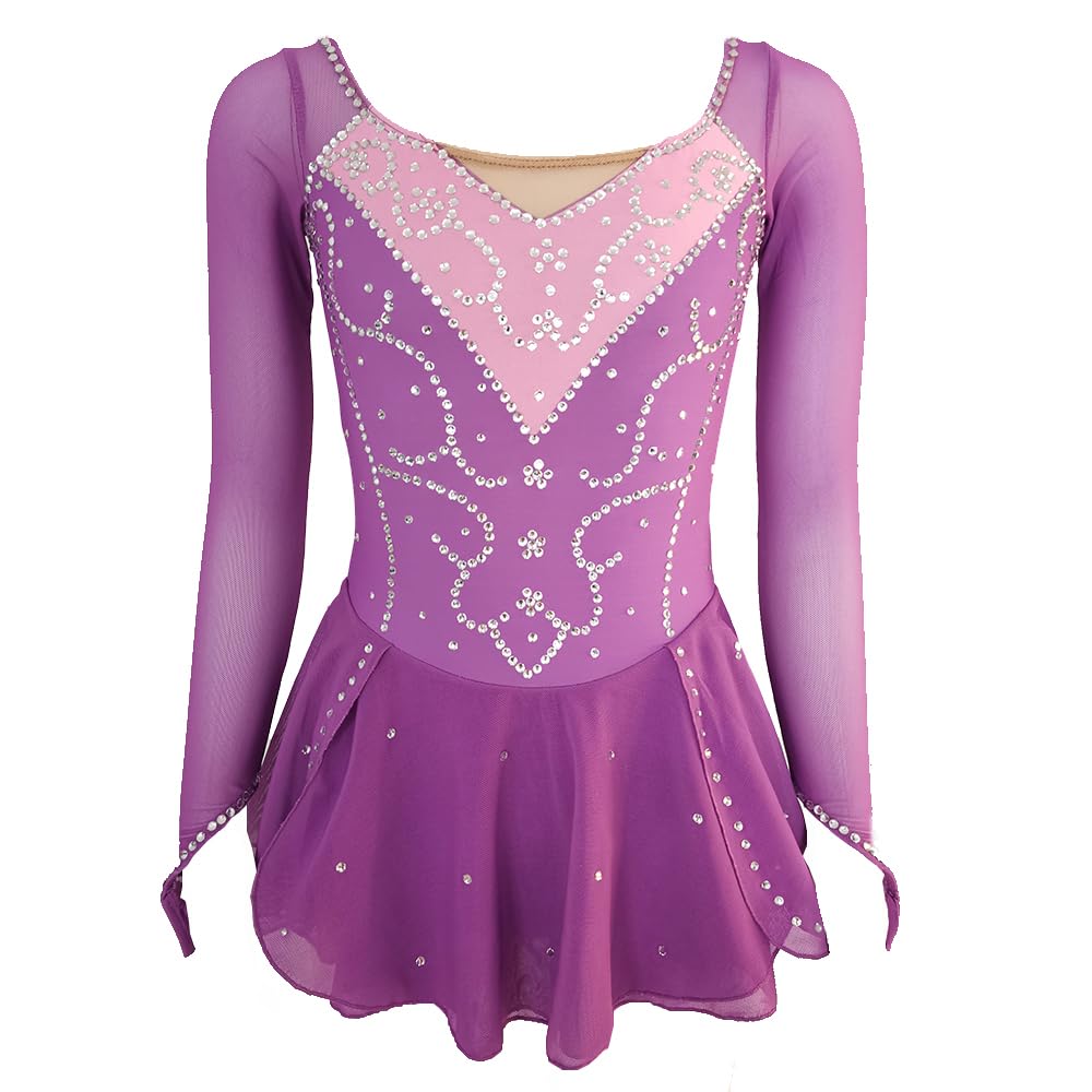 Elegant Purple Figure Skating Skirt with Mesh Finger Sleeves - Diamond Competition Performance Dress for Ice Shows & Dance Routines