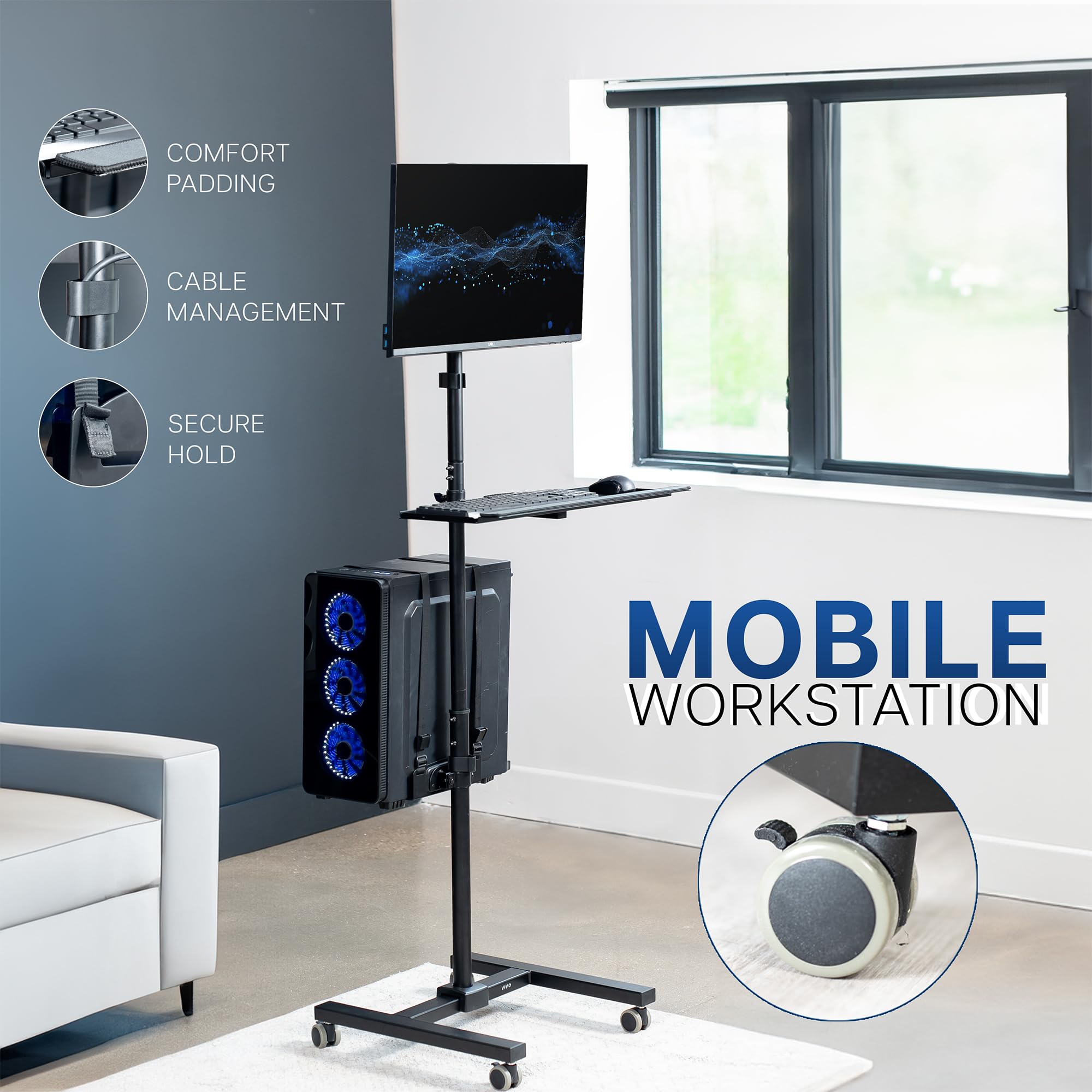 VIVO Mobile Computer Cart with Monitor Mount for up to 32” Screens, Rolling PC Desk Workstation with Full Keyboard Tray & Adjustable CPU Holder - Black (CART-PC02T) | Ideal for Office, Hospital, Classroom & Home Workspace Setup