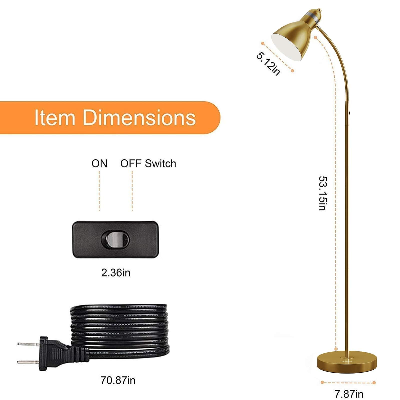 LEPOWER Adjustable Gooseneck Floor Lamp with Heavy Metal Base - Modern Standing Pole Light for Reading, Office, Bedroom & Living Room - Golden Finish for Home Decor & Workspace Lighting