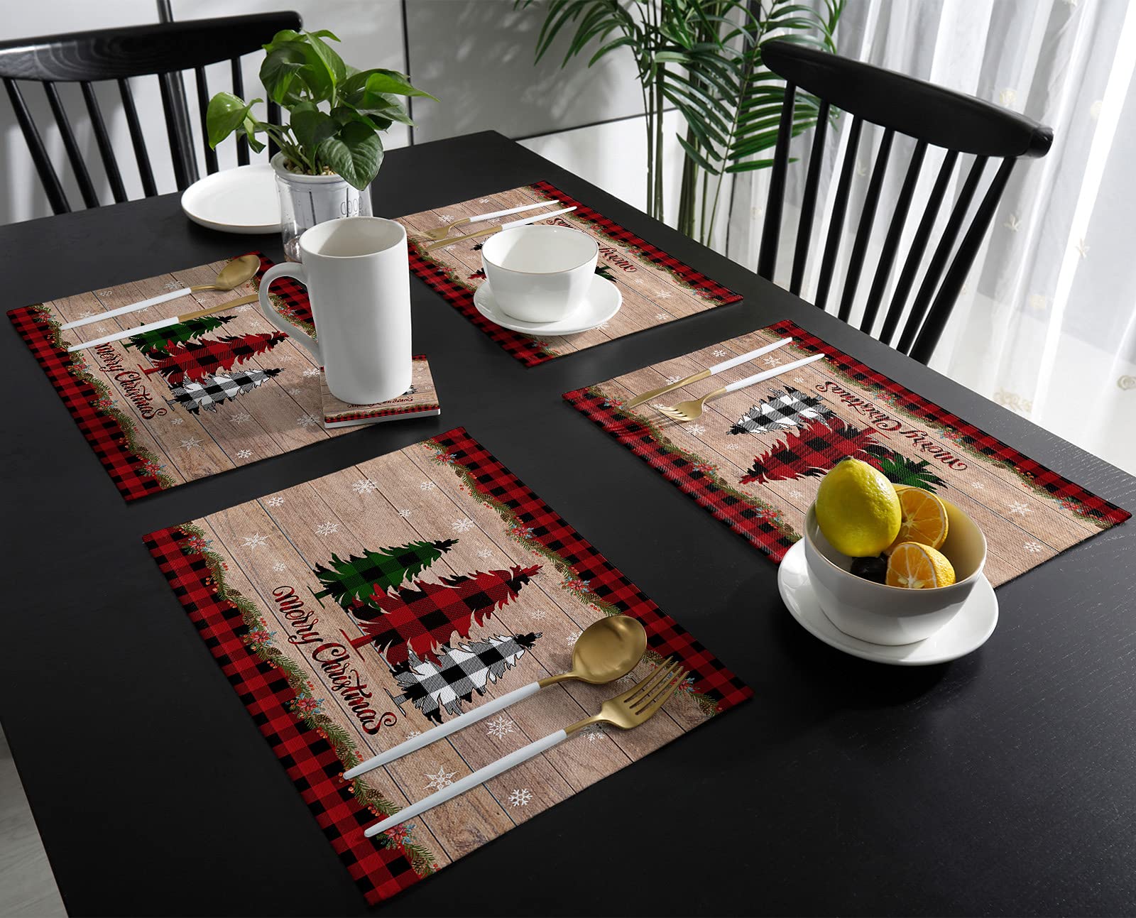 Festive Buffalo Plaid Christmas Tree Placemats - Set of 4, Snowflake Design Thermal Insulated Non-Slip Table Mats for Holiday Dining Decor, Washable Wood Grain Kitchen Table Mats - Perfect for Christmas Dinner, Winter Parties & Cozy Family Gatherings