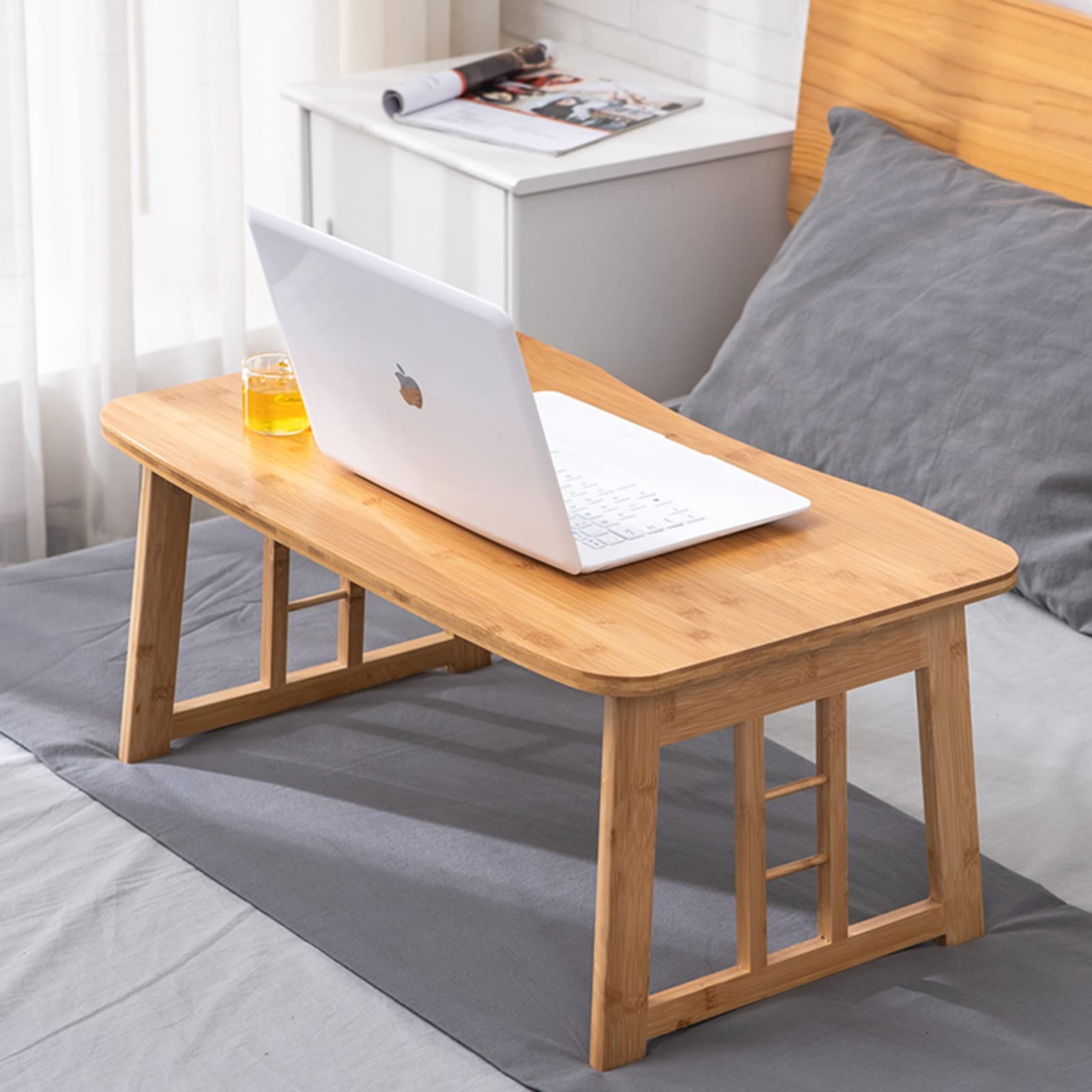Japanese-Style Bamboo Coffee Table with Foldable Legs - 80x50x36cm Tatami Bed Tray for Breakfast, Working & Dining - Multi-Purpose Sofa Table for Small Spaces, Bedroom & Living Room (Wood Color)