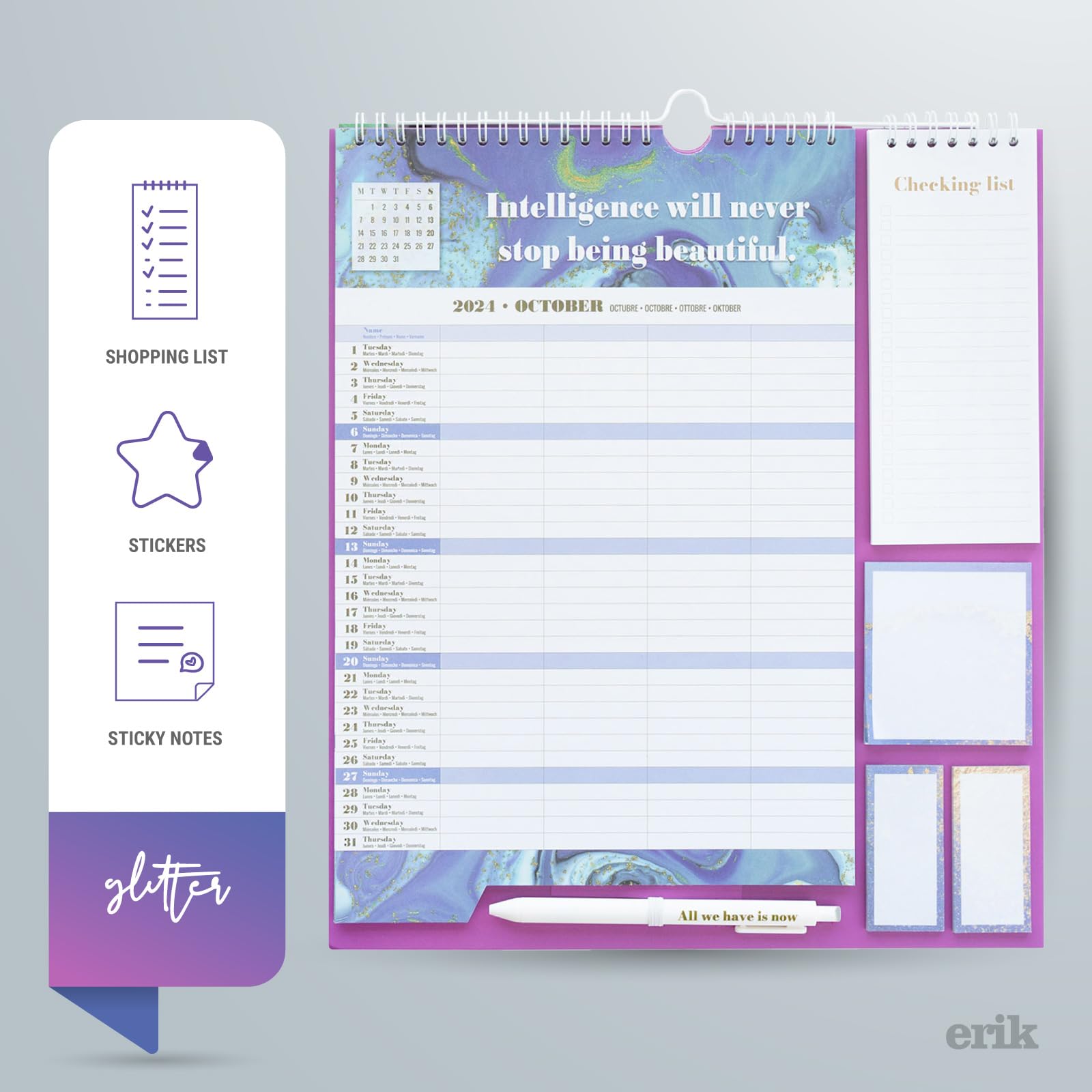 Erik Glitter Wall Calendar Planner 2025 - 16 Month Monthly Organizer (September 2024-December 2025) - 11.8x13.4 Inches with Stickers, Pen & Shopping List - Cute Home Office School Decor for Planning & Productivity