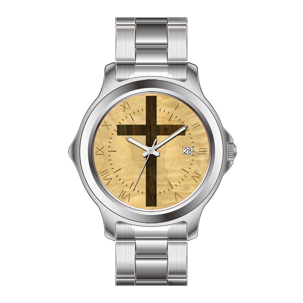 Fashion Women's Christmas Watches - Japanese Quartz Date Display Stainless Steel Bracelet with Christian Cross & Wooden Veneer (Maple/Rosewood) - Perfect for Holiday Gifts, Church Events & Everyday Wear