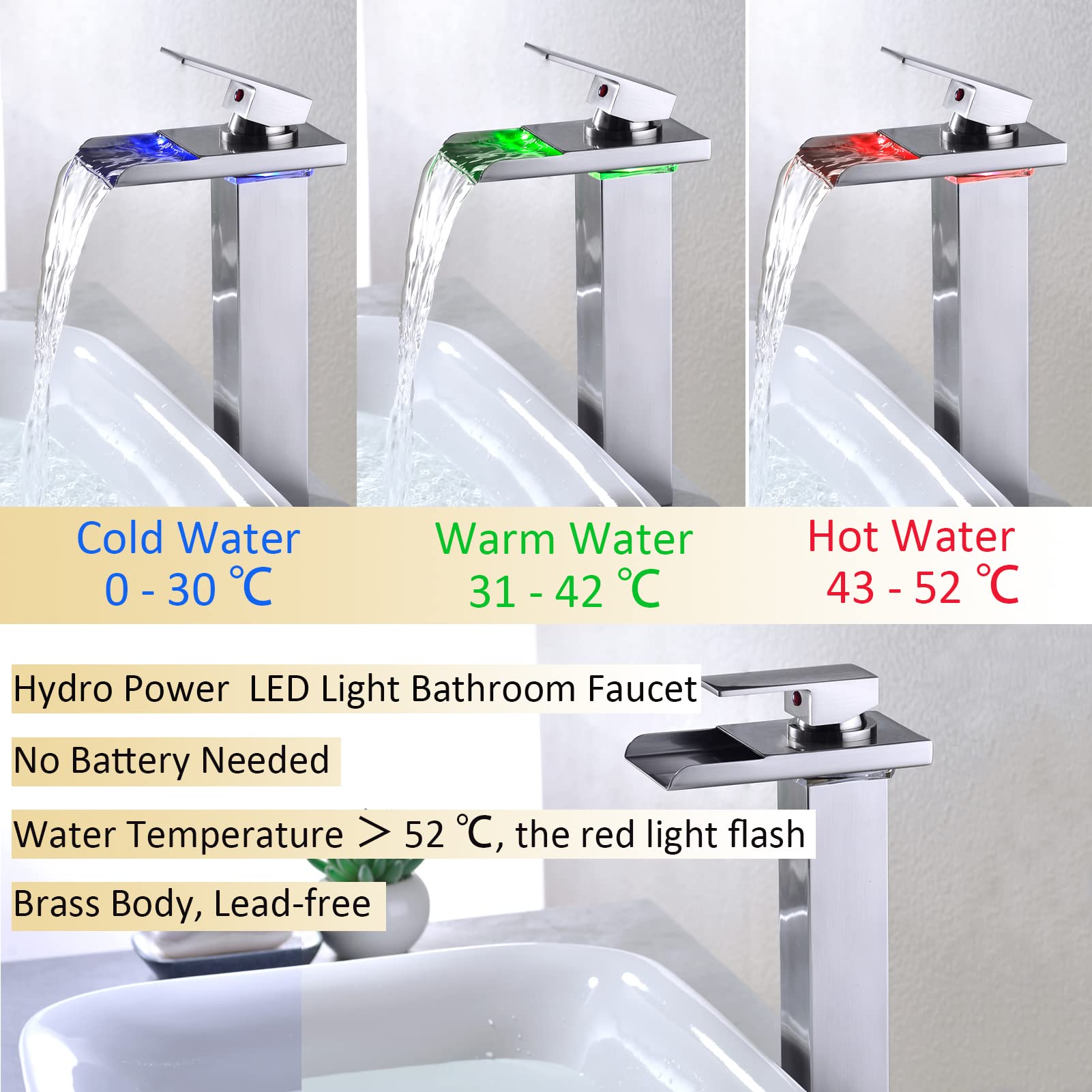 Brushed Nickel LED Waterfall Bathroom Faucet - Tall Single Handle 1 Hole Sink Faucet with Brass Water Supply | Modern Bathroom Upgrade for Vanity & Powder Room