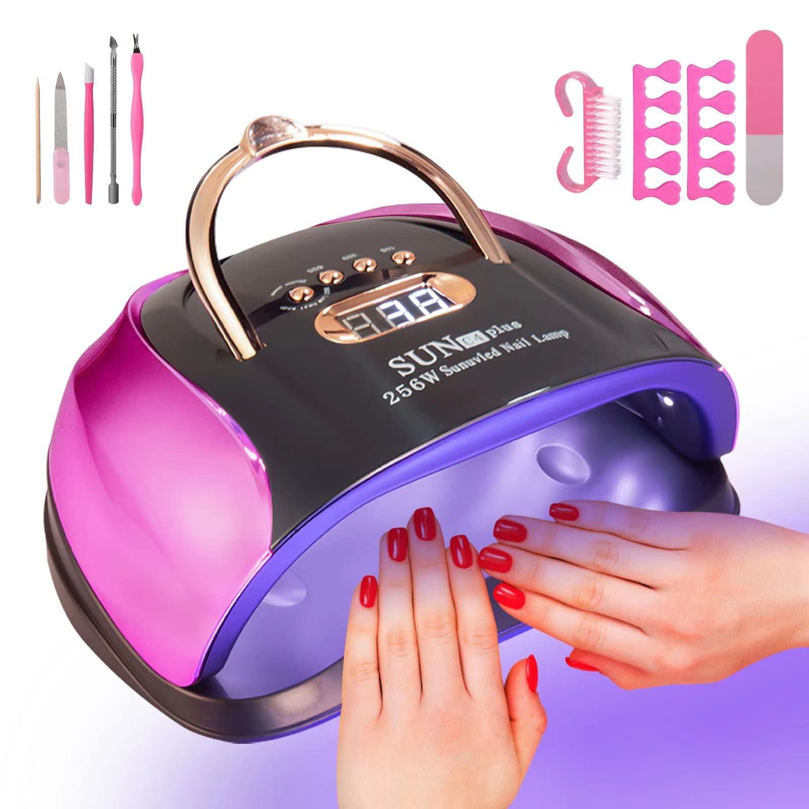 Professional 256W UV LED Nail Lamp with Auto Sensor - 4 Timer Settings for Gel Polish Curing, Salon-Quality Manicure & Pedicure Light (Includes 9 Free Accessories) - Perfect for Home Nail Care & Professional Salons