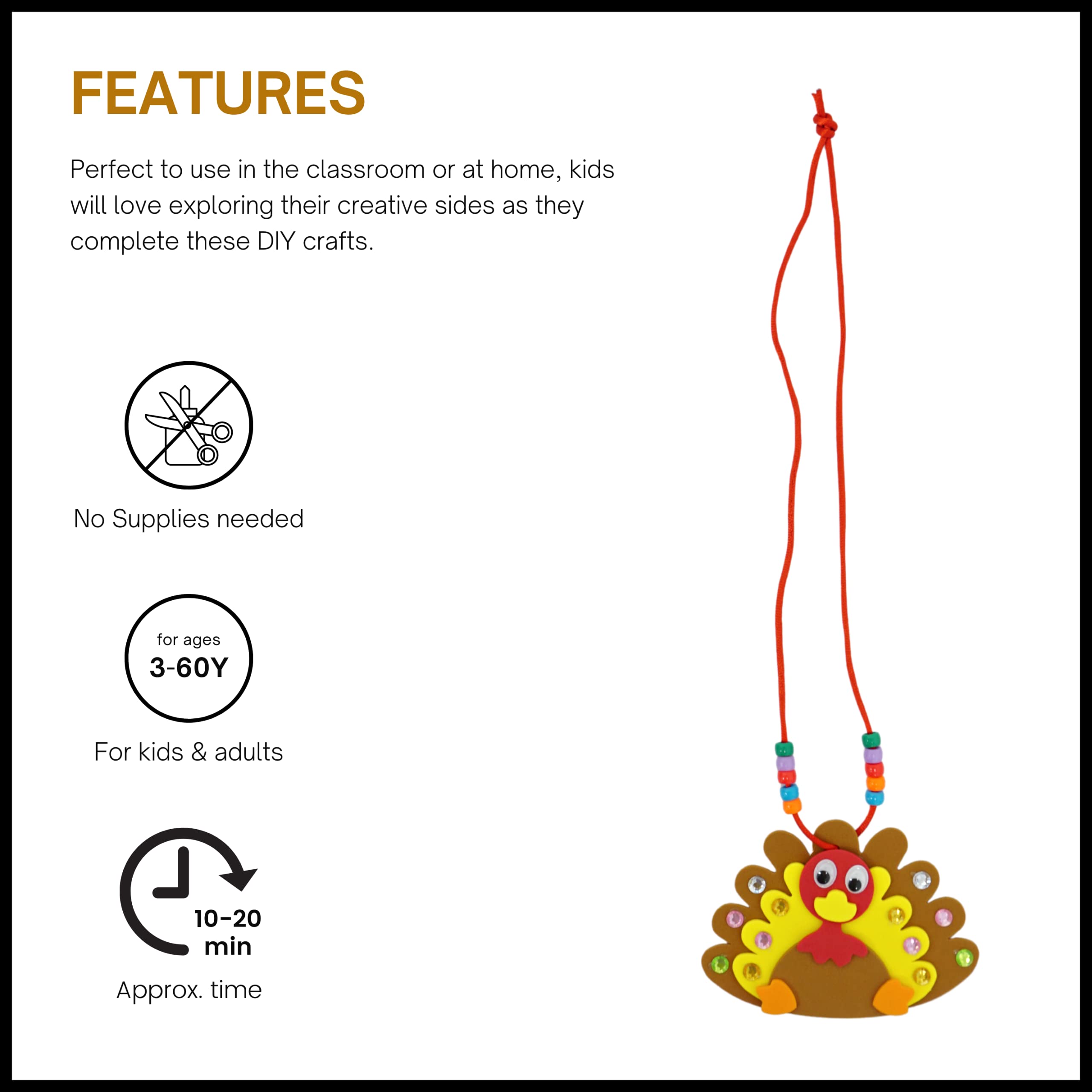 4E's DIY Turkey Necklace Craft Kit for Kids Bulk – 12 Pack Thanksgiving Toddler Crafts with 4 Styles, Thanksgiving Party Favors, Classroom Activities, Holiday Art Projects & Family Crafting Fun