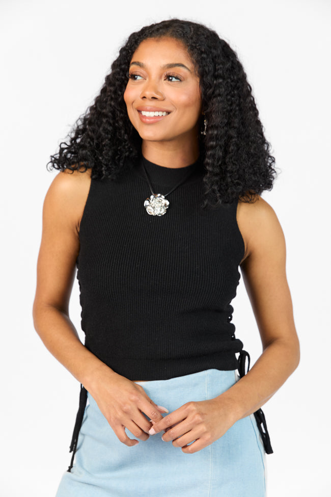 Stylish Black Corset Side Detail Sweater Tank Top for Women | Elegant Layering Piece for Date Night & Evening Outfits | Fashionable Casual Wear