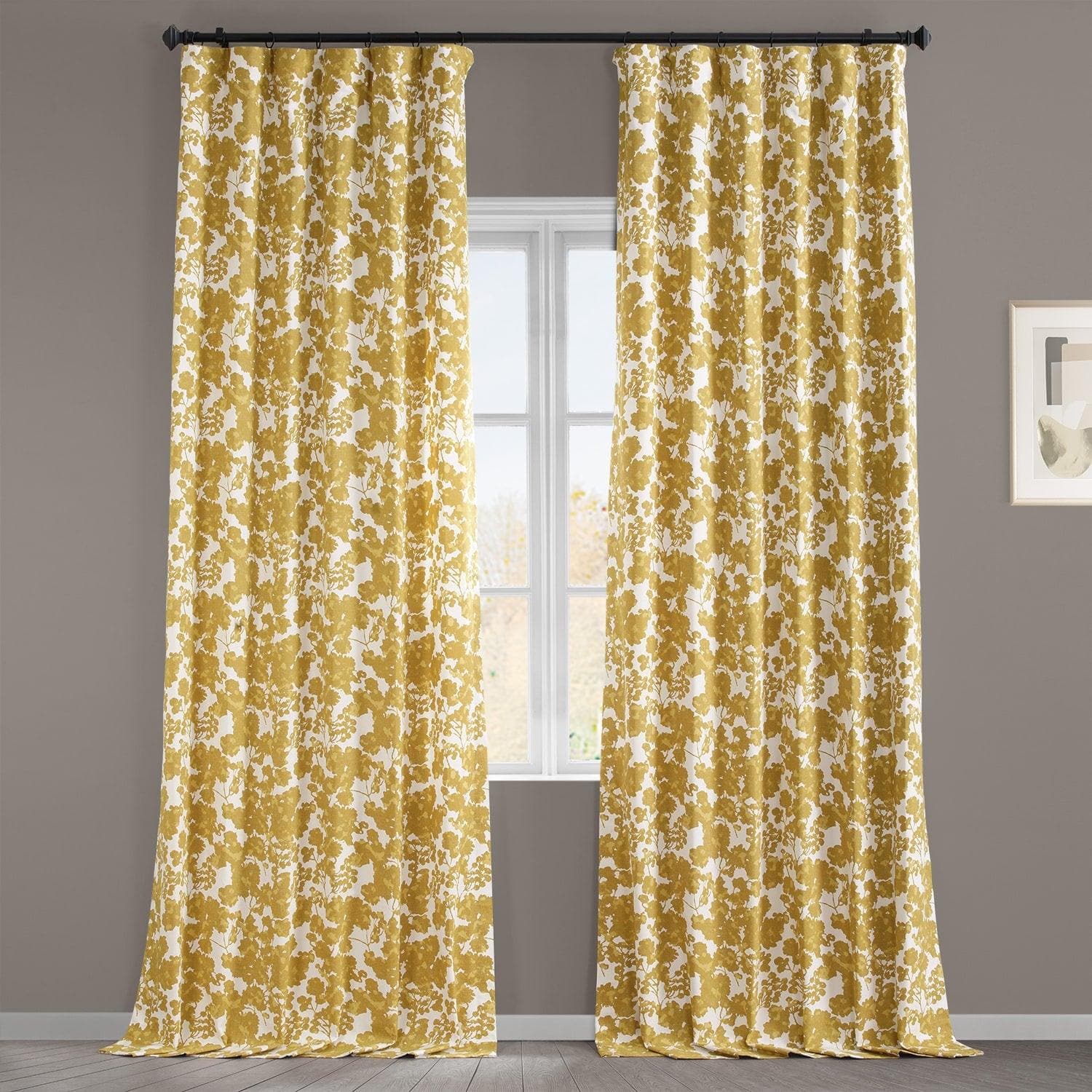 Premium Fleur Gold Floral Printed Blackout Curtains - 100% Cotton Room Darkening Drapes for Bedroom & Living Room - Elegant Home Decor & Light Blocking Window Treatment