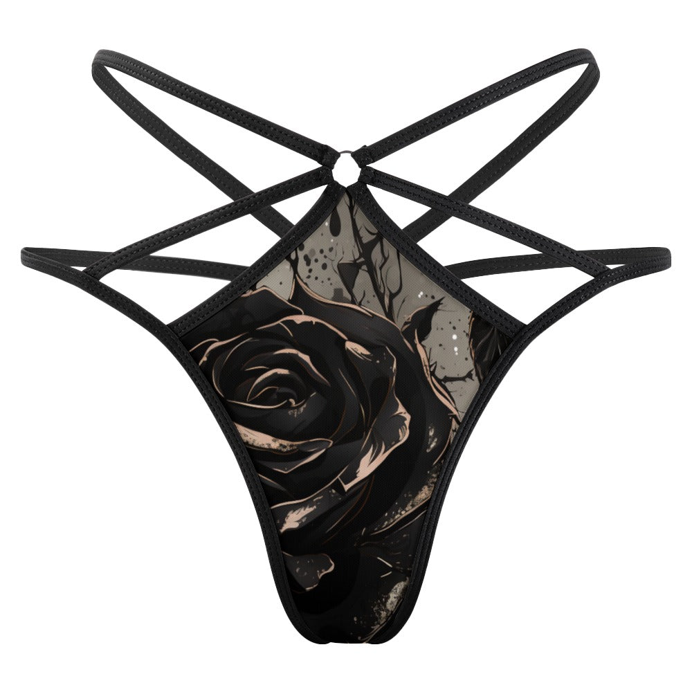 Gothic Black Rose Lace T-Back Thong - Sexy Gothic Underwear for Women, Perfect for Lingerie Sets, Cosplay, and Gothic Fashion