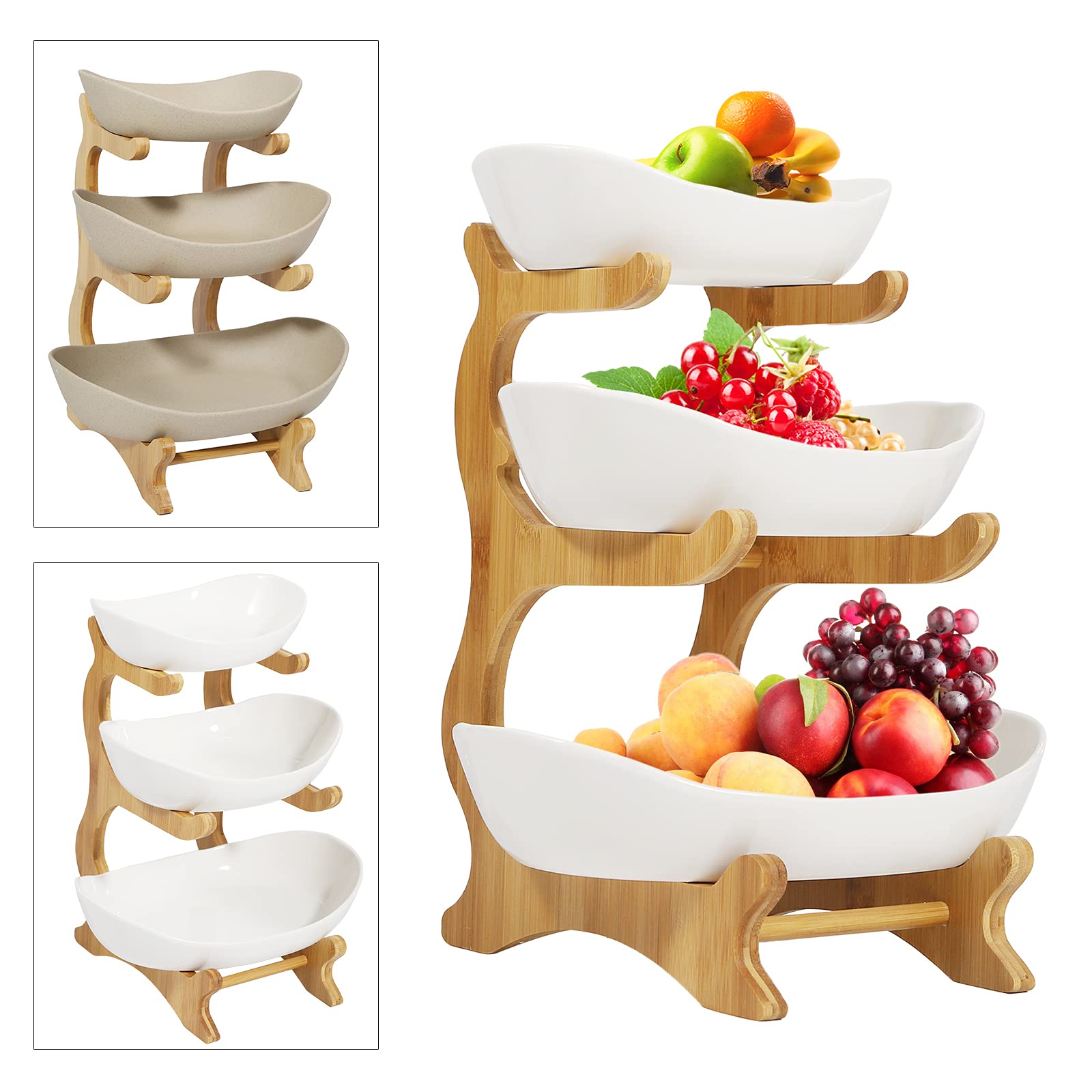 3-Tier Ceramic Fruit Bowl with Bamboo Stand - Large Capacity Serving Tray for Fruits, Vegetables & Snacks | Perfect for Party, Wedding & Home Decor | Durable Kitchen & Dining Storage Solution