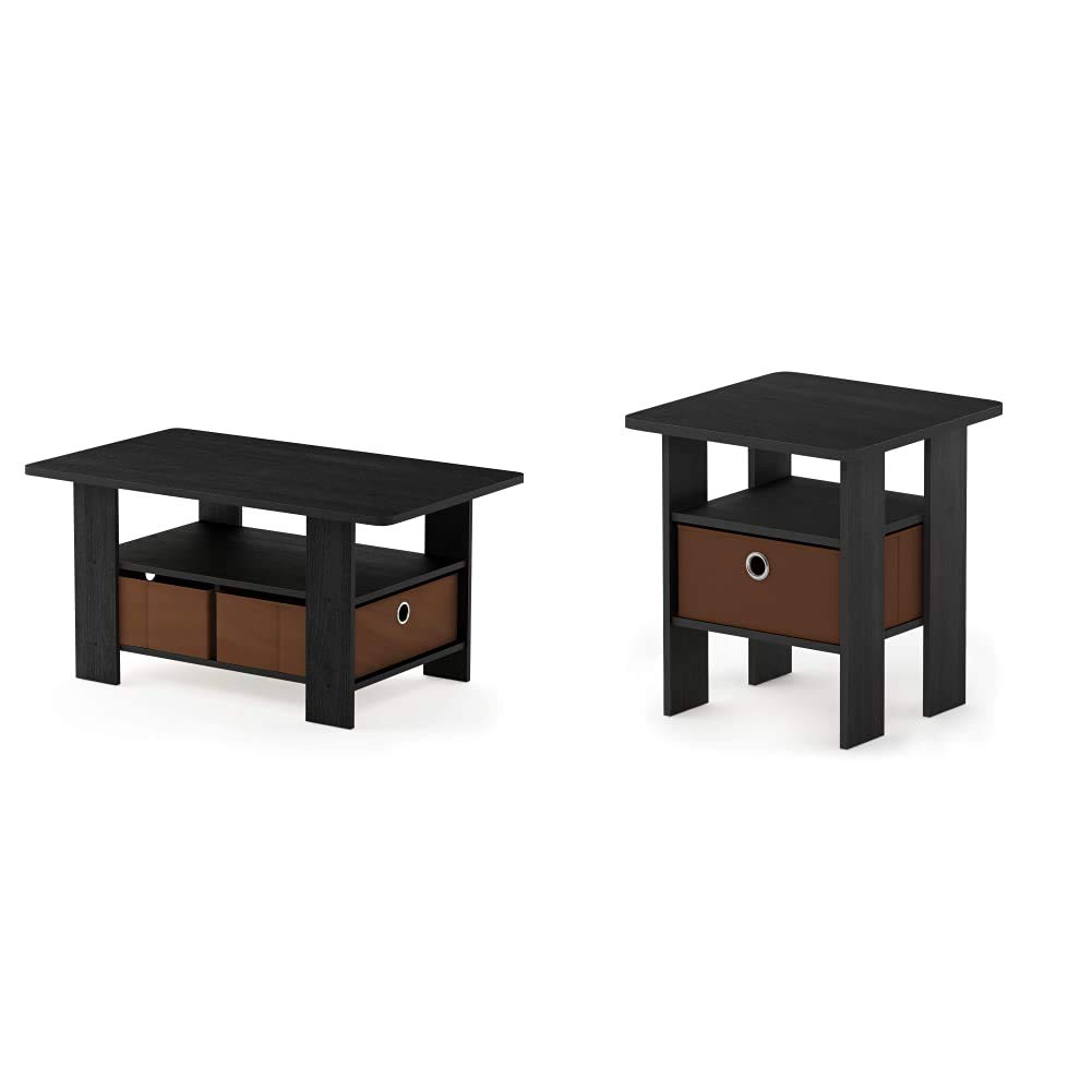 Furinno Andrey Coffee Table with Storage Bin Drawer, End Table, Nightstand - Medium Brown - Compact Living Room, Bedroom Furniture for Small Spaces