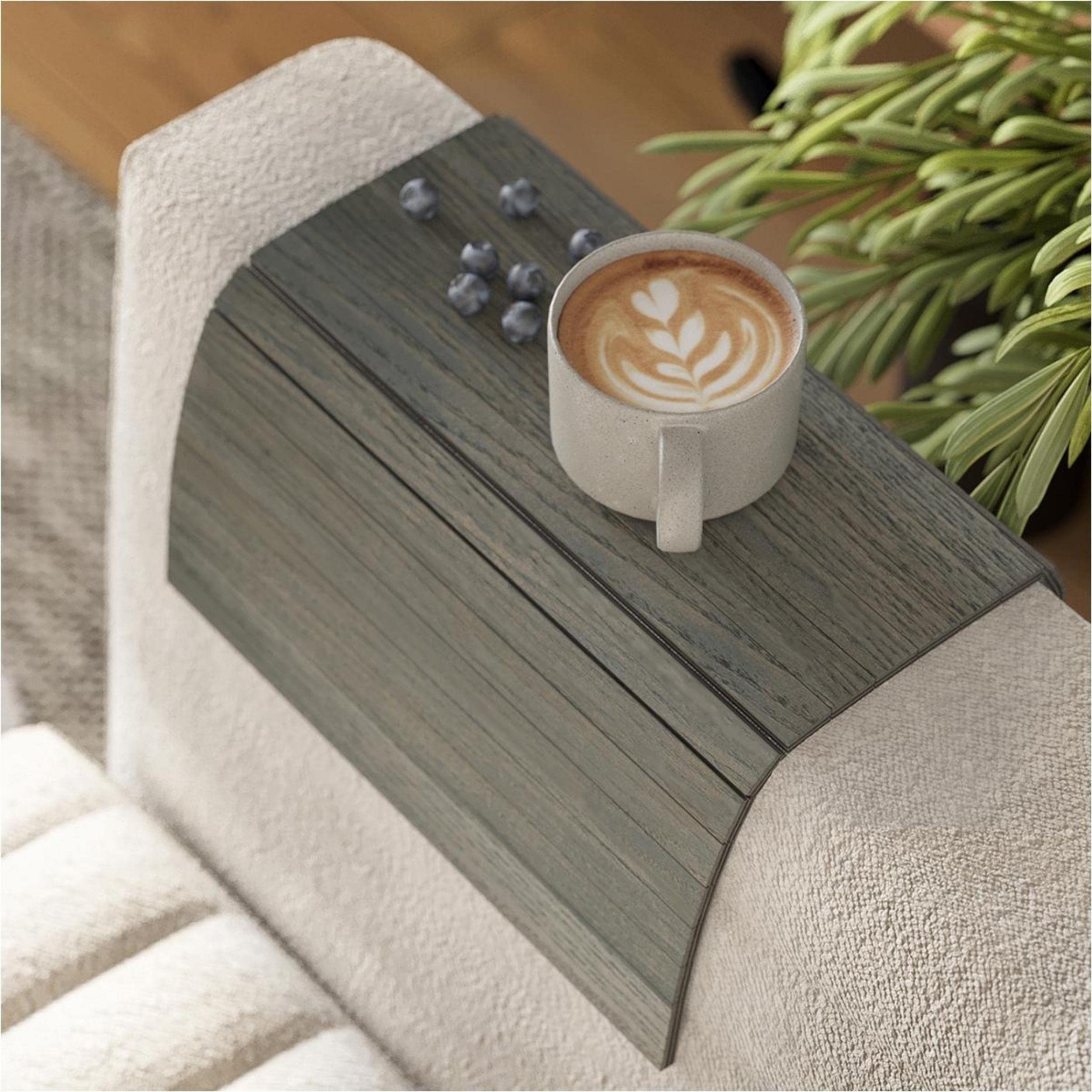 Wooden Sofa Arm Table Tray - Olive Grey Couch Armrest Table with Coaster for Living Room, Bedroom & Office Use