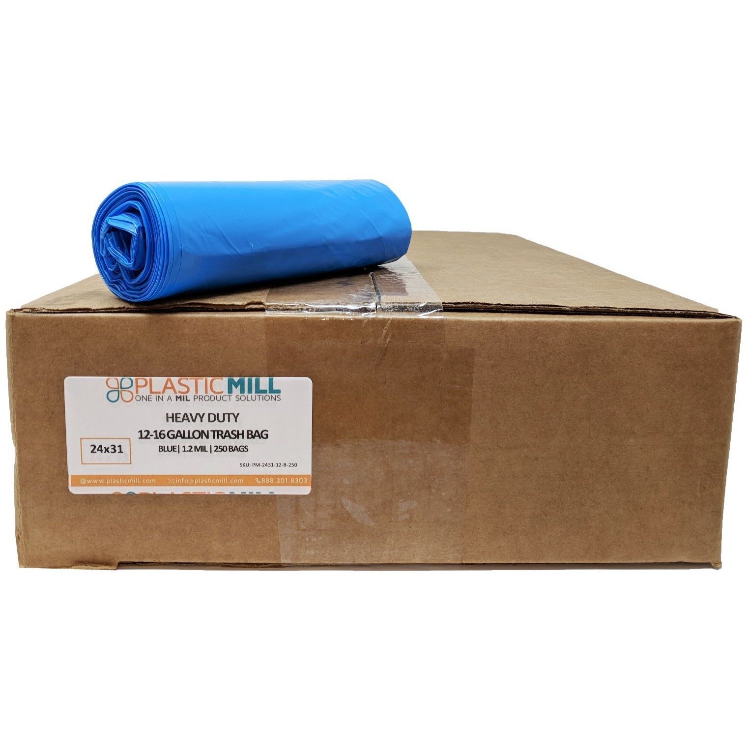 PlasticMill Heavy Duty Trash Bags - 250 Count Blue Garbage Bags, 12-16 Gallon Small Trash Can Liners, 1.2 Mil Thick, 24