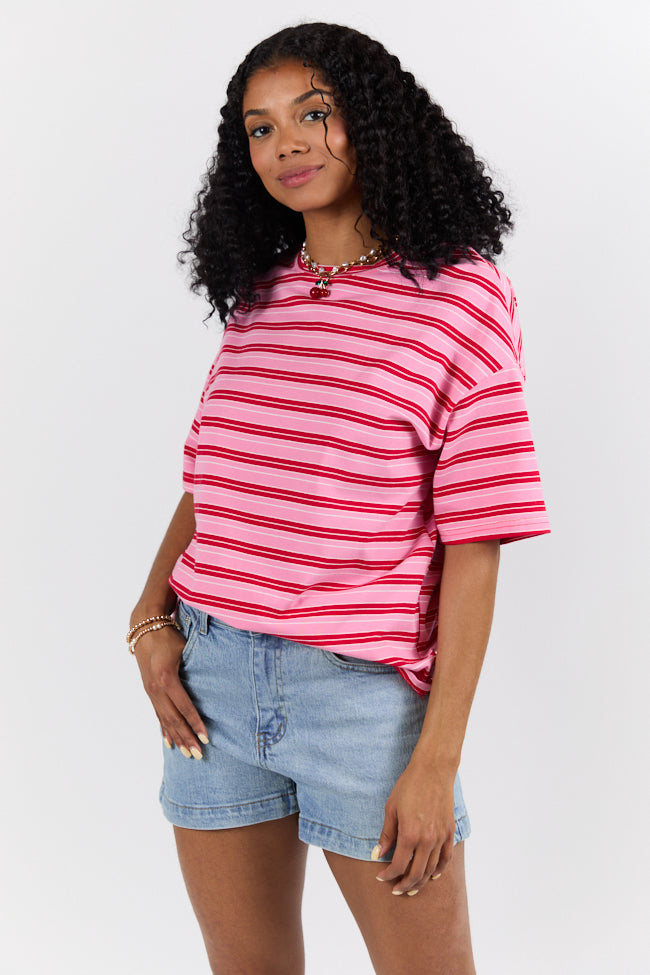Stylish Pink and Red Oversized Striped T-Shirt for Women - Trendy Striped Tee - Perfect for Casual Outfits and Layering