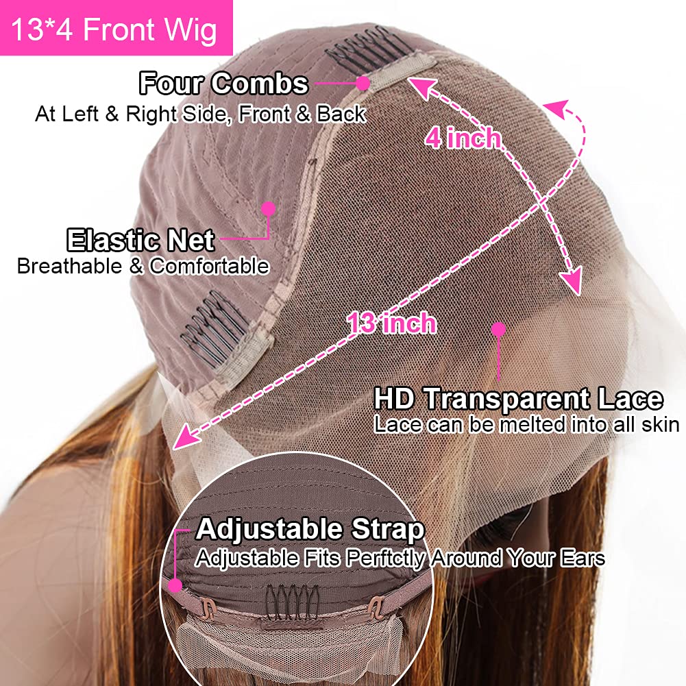 Subella HD Transparent Highlight Lace Front Wigs 18inch Brazilian Human Hair for Black Women - 180% Density 4/27 Straight Pre Plucked Hairline with Baby Hair - Perfect for Daily Wear, Parties & Special Occasions