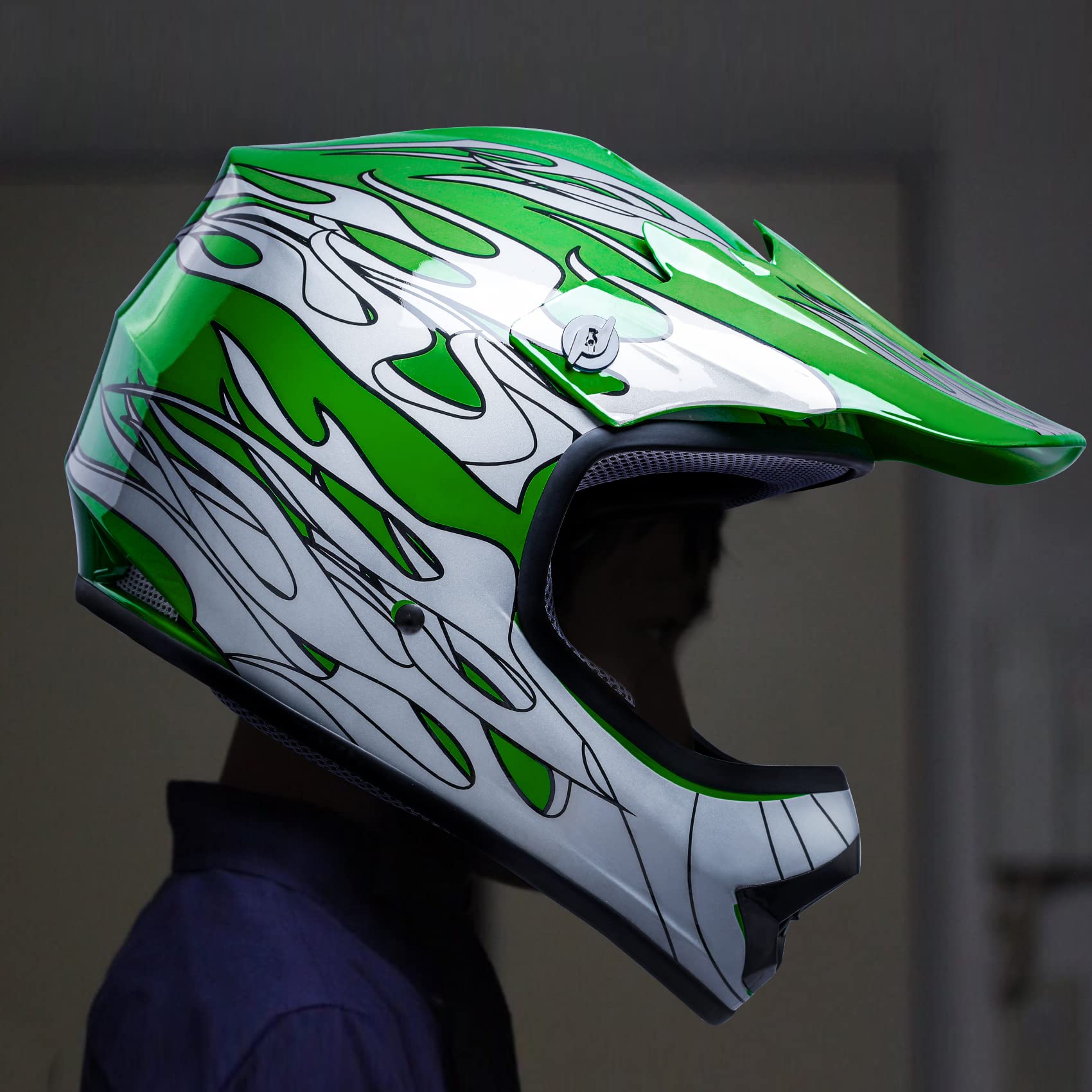 SLMOTO Youth & Kids Motorcycle Helmet - DOT Approved Motocross, Offroad, ATV, Dirt Bike Helmet with Goggles & Gloves - Green Flame Design - Perfect for Racing, Trail Riding & Outdoor Adventures
