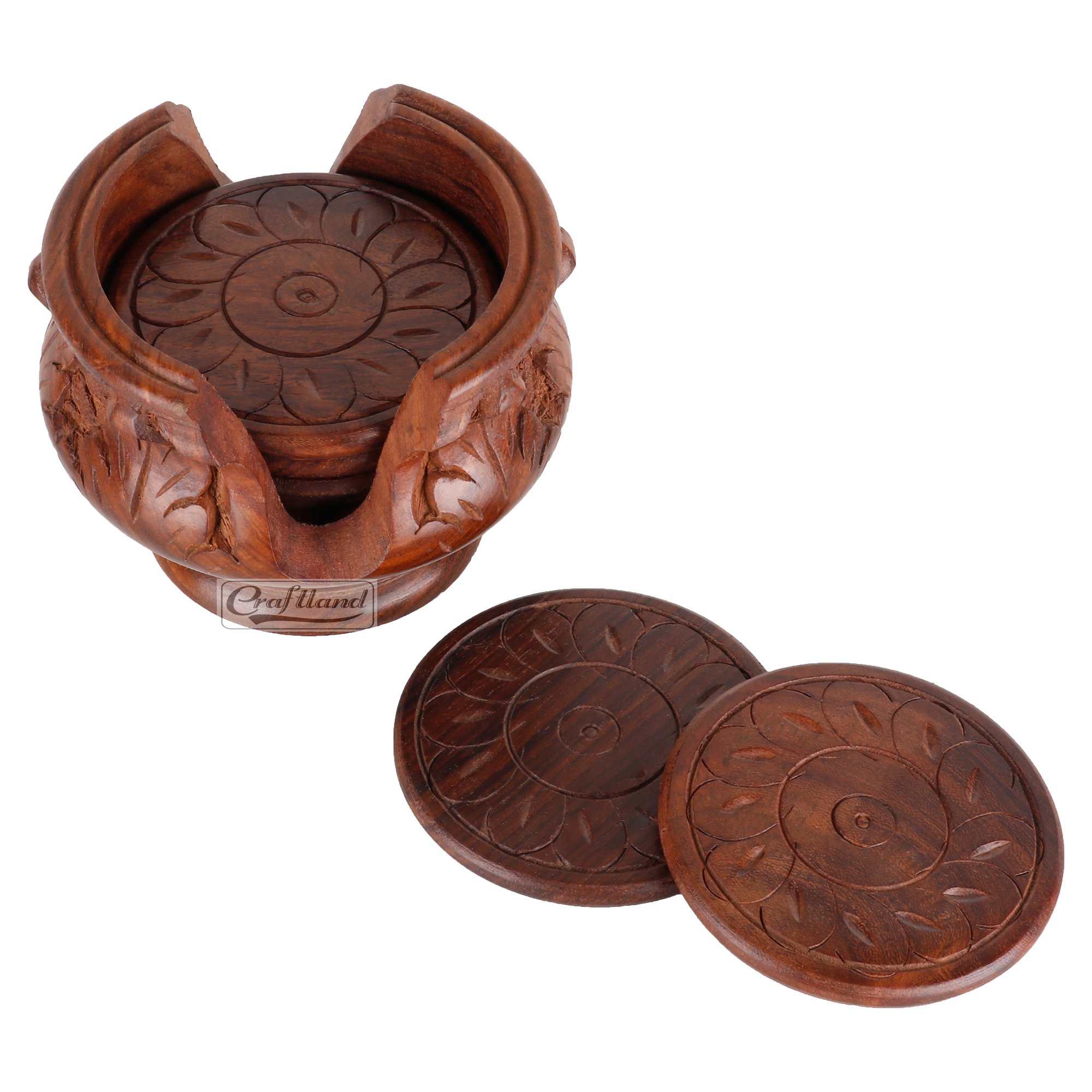 Handmade Wooden Coaster Set of 6 with Decorative Holder - Natural Carved Tabletop Drink Coasters for Coffee, Tea, Beer & Mugs - Perfect for Home Bar, Office Desk & Indian Style Decor