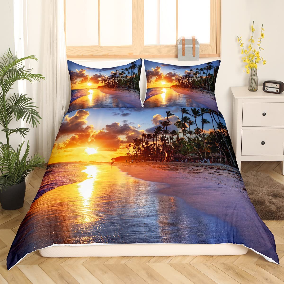 Feelyou Kids Twin Beach Duvet Cover Set - Tropical Palm Tree Printed Microfiber Bedding with Zipper Closure & 2 Pillow Shams (Sunset Design) | Summer Ocean Theme Bed Set for Boys Girls Bedroom, Vacation Home Decor