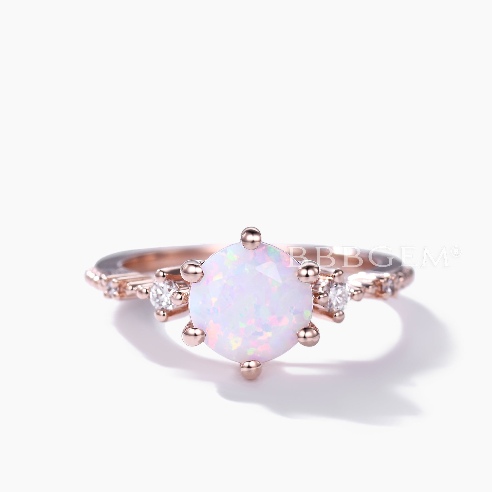 Exquisite Round Opal & Diamond Engagement Ring - 6 Prong 5 Stone Vintage Style Wedding Band for Women | Perfect for Proposals, Anniversaries & Special Occasions