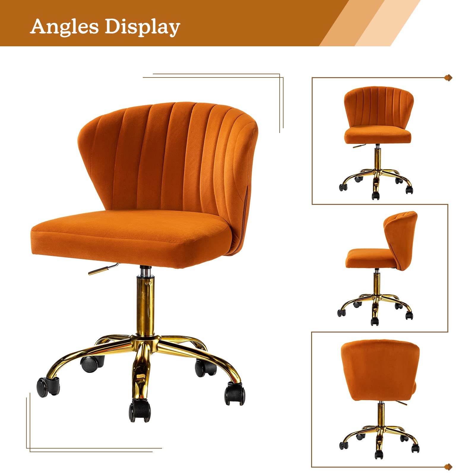 Modern Velvet Armless Office Chair with Wheels & Gold Base - Adjustable Low Back Swivel Rolling Task Chair for Home Office, Living Room, Vanity or Study - Soft Upholstered Desk Chair in Stylish Orange