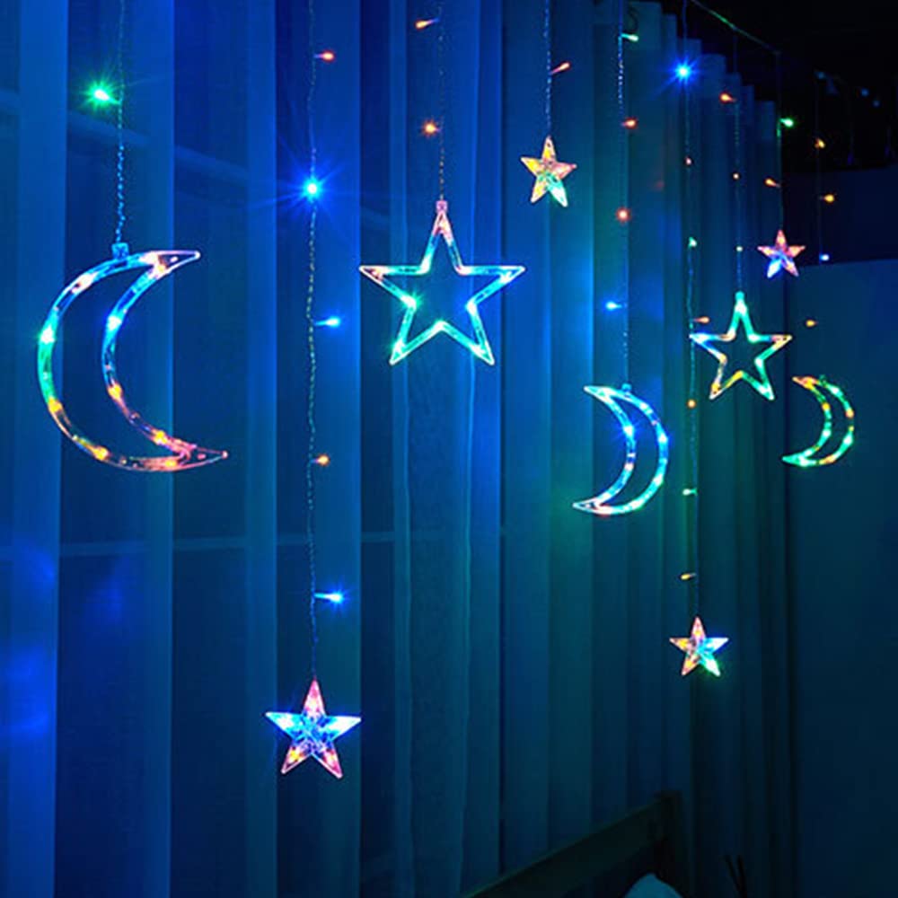 Christmas String Lights - Battery Operated LED Curtain Lights with Moon & Star Design for Ramadan, Bedroom, Dorm, Porch & Patio Decorations | Waterproof Outdoor Party Lights for Wedding, Garden & Holiday Celebrations