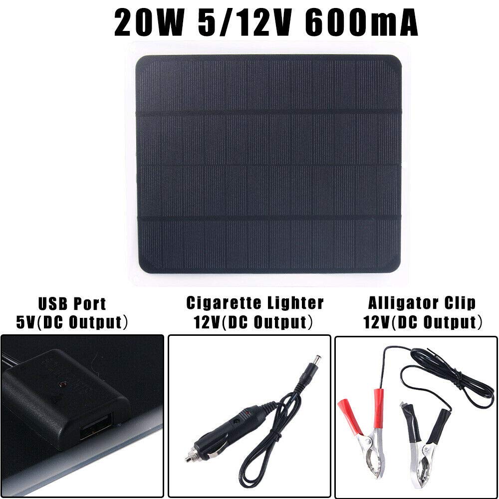 20W 12V Solar Panel Trickle Charger for Car, Boat, Yacht - Waterproof Outdoor Battery Charger & Power Supply - Perfect for RV, Marine, Camping, and Off-Grid Power Needs (USA)