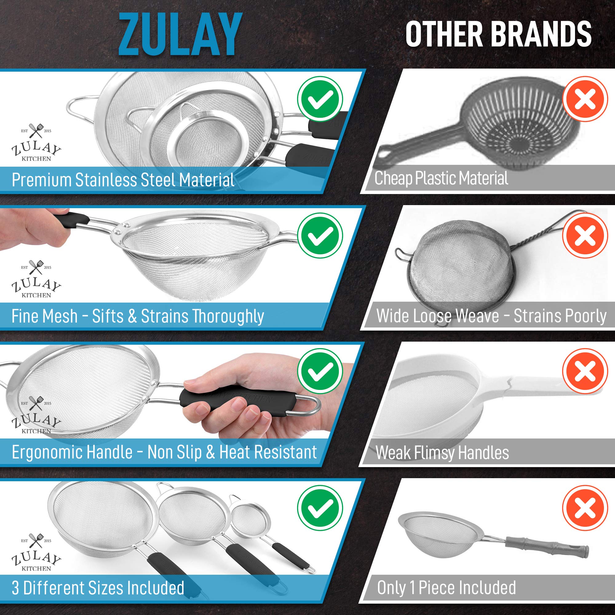 Premium Stainless Steel Fine Mesh Strainer Set - 3 Sizes for Kitchen Use