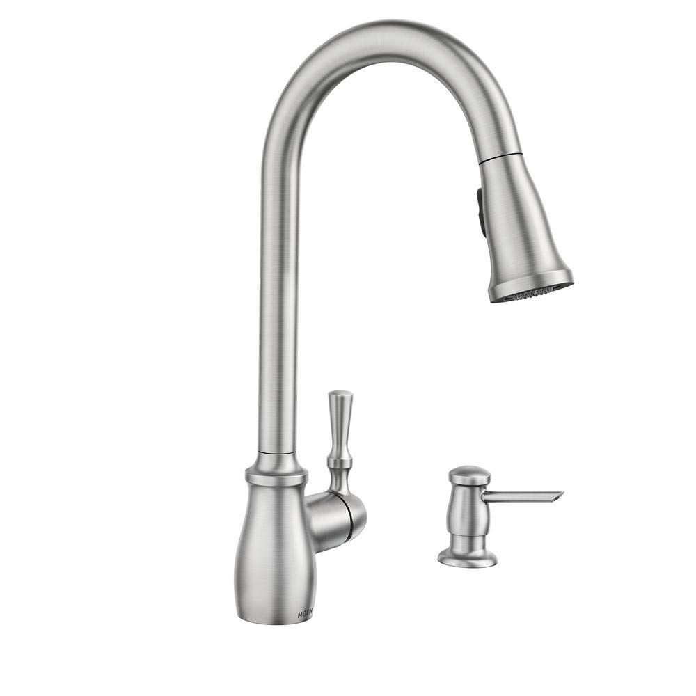 Moen Fieldstone 87808SRS Pull-Down Kitchen Faucet with Soap Dispenser - Modern Stainless Steel Design for Easy Cooking and Cleaning