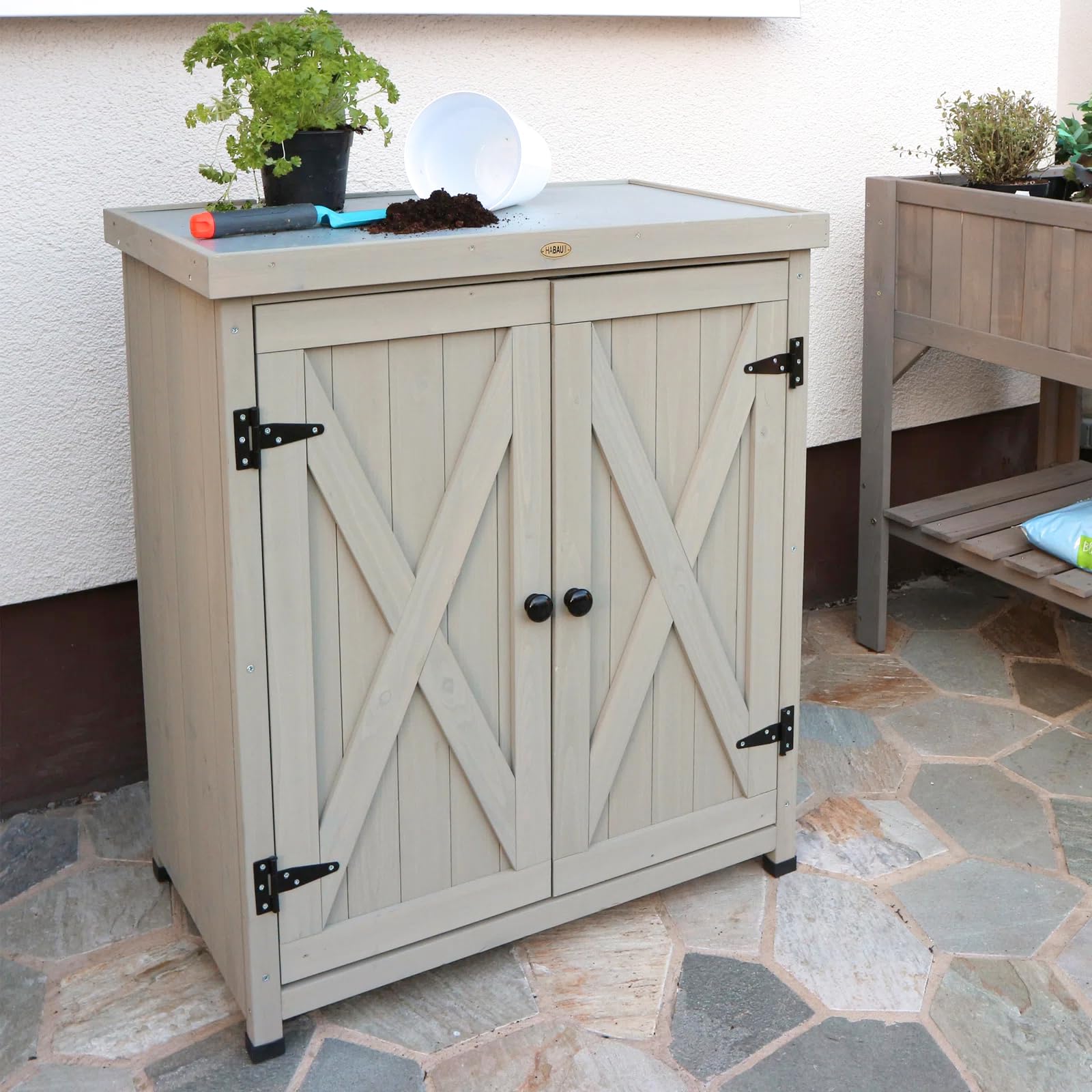 Weatherproof Outdoor Storage Cabinet with Shelves & Metal Tabletop - Durable Patio, Garden Workbench & Wooden Potting Table Workstation for Gardening, DIY Projects & Backyard Organization