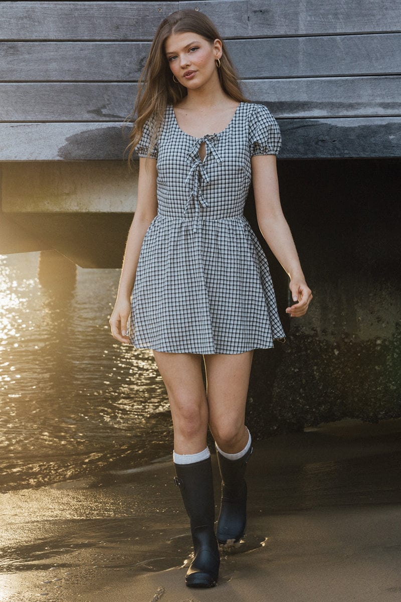 Elegant Black Check Mini Dress with Ribbon Detail - Perfect for Parties, Dates & Night Out