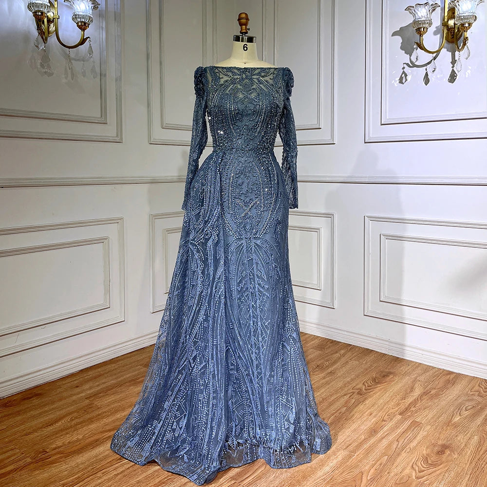 Elegant Blue Mermaid Evening Gown with Lace & Beaded Details - Luxury Women's Formal Dress for Parties, Weddings & Special Occasions - Serene Hill Collection LA71833