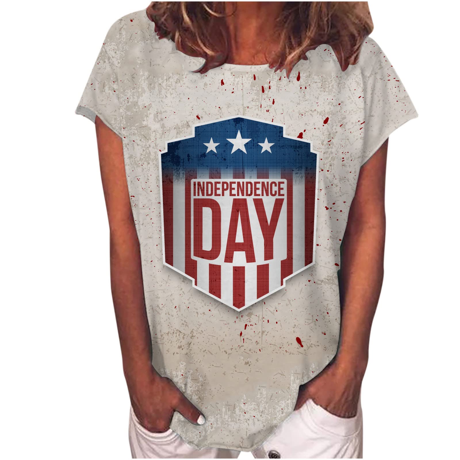 Women's 4th of July Patriotic T-Shirt - Red White Blue Star Stripe Short Sleeve Crewneck American Flag Summer Top | Perfect for Independence Day Celebrations, BBQ Parties & Casual Outings