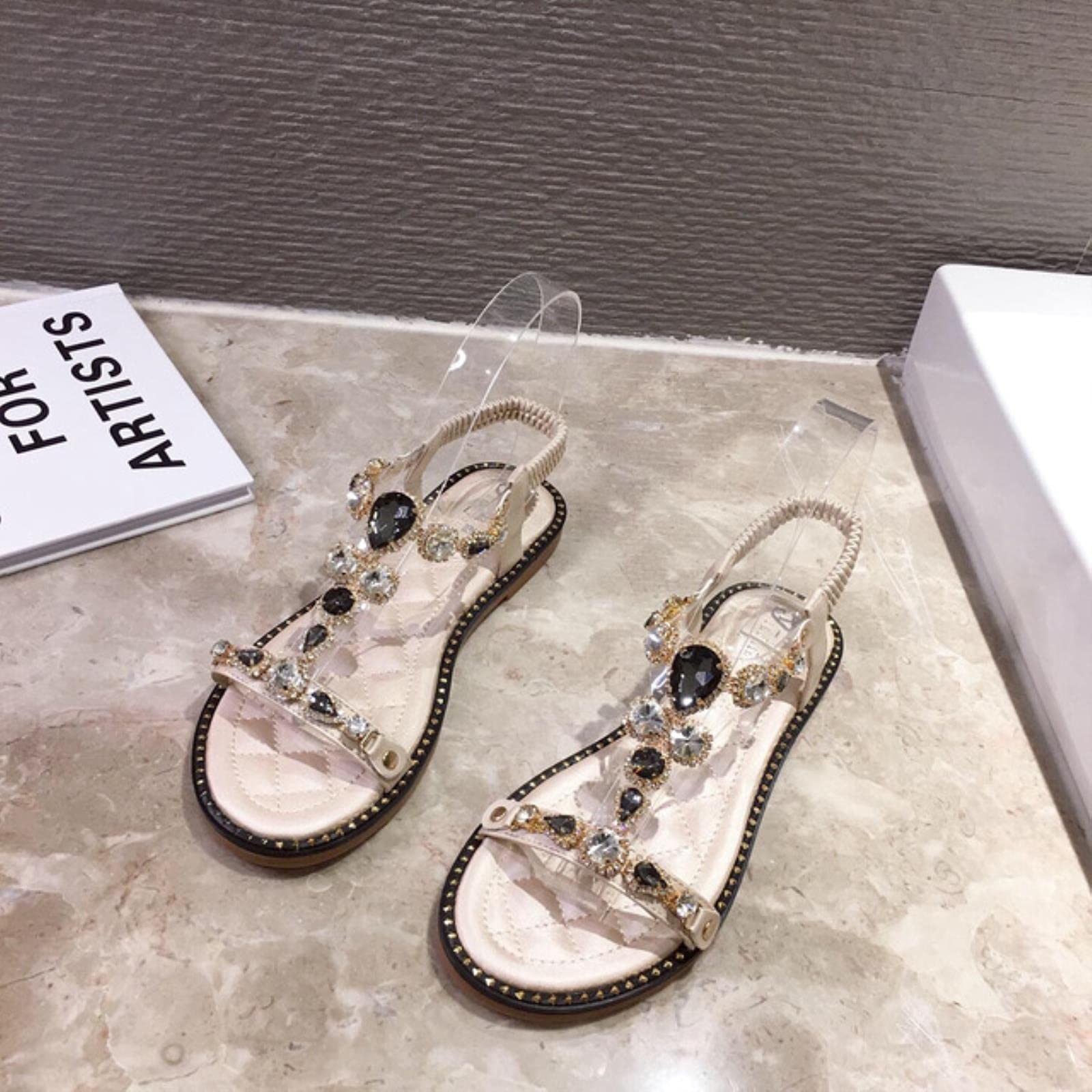 Women's Rhinestone Fashion Sandals - Comfortable Flat Open Toe Summer Slippers in White | Perfect for Beach, Vacation & Casual Wear