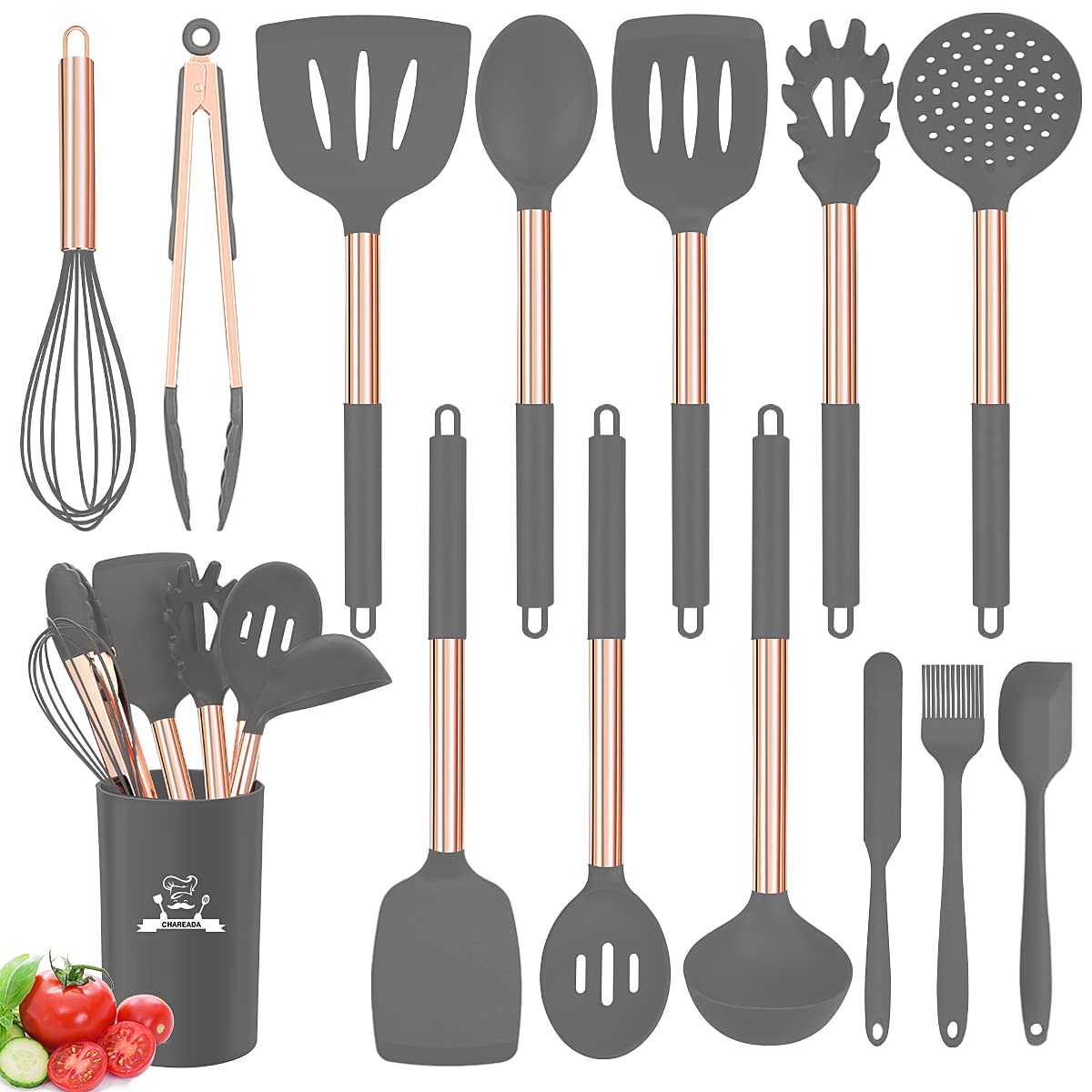 **14-Piece Silicone Cooking Utensil Set - Non-Stick, Heat Resistant, BPA-Free Kitchen Tools with Copper Stainless Steel Handles (Turner, Tongs, Spatula, Spoon) - Perfect for Non-Toxic Cooking, Baking & Grilling**