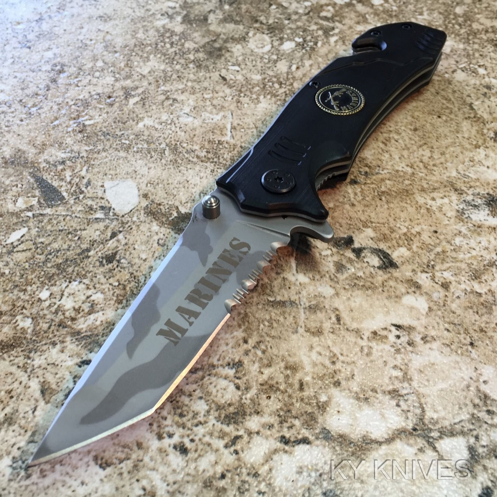 #2 Black Marines Spring Assist Rescue Pocket Knife - Camo Tanto Blade with Glass Breaker - Tactical Survival Tool for Outdoor, Camping & Emergency Use