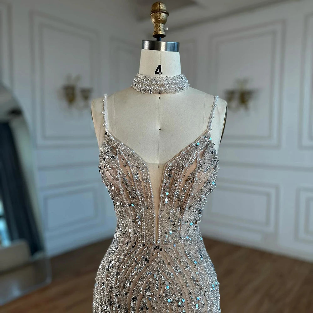 Elegant White Beaded Mermaid Evening Gown with Spaghetti Straps LA72047D - Perfect for Prom, Wedding Guest & Formal Events