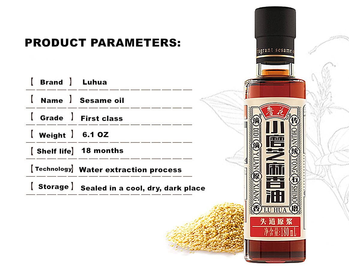 Premium Luhua Sesame Oil - 100% Pure Natural Sesame Seed Oil - 6.1 Fl Oz (180ml) - For Stir-Fry, Salad Dressing & Asian Cooking