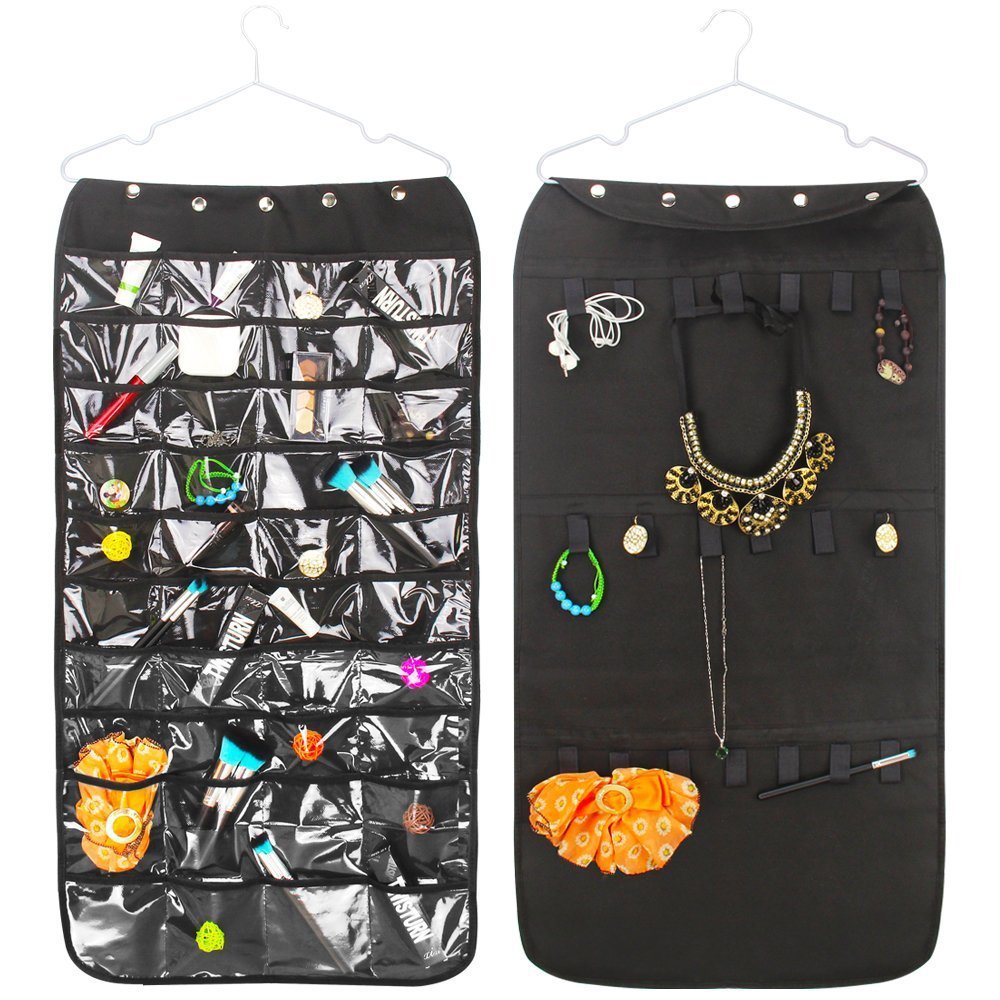 Caroeas Hanging Jewelry Organizer - Dual-Sided Over The Door Storage Bag for Rings, Bracelets, Necklaces & Earrings | Foldable Closet Jewelry Holder | Perfect for Travel, Bedroom & Bathroom Organization (Black)