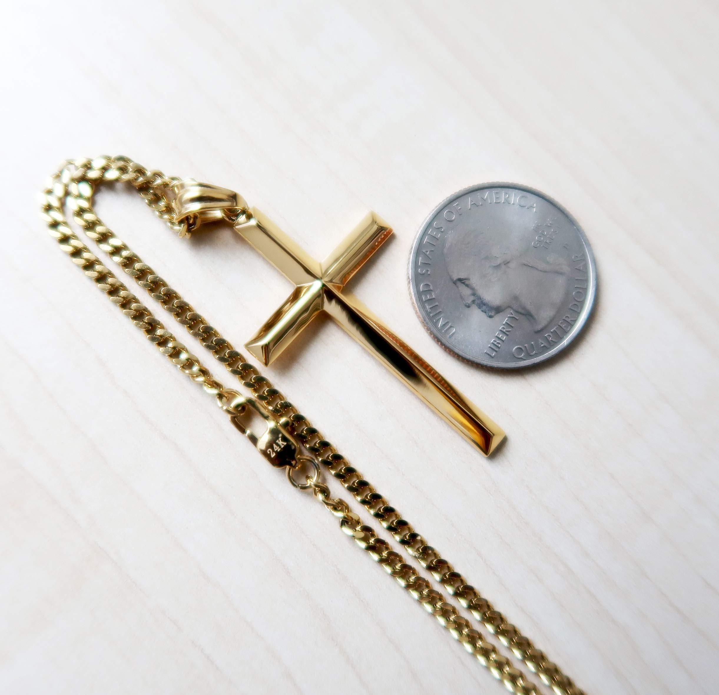 24K Gold Plated Cross Pendant Necklace for Men - 3MM Thin Miami Cuban Link Chain with Diamond Cut & Beveled Edge - Religious Jewelry Gift for Baptism, Confirmation & Everyday Wear
