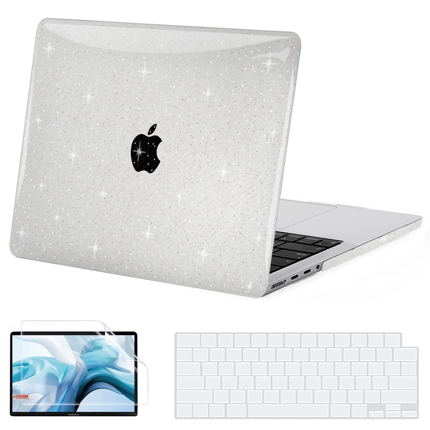 G JGOO Clear Glitter Hard Shell Case for MacBook Pro 14 Inch (2021-2022, M1 Pro/Max Chip A2442) - Includes Keyboard Cover & Screen Protector | Protective Cover with Touch ID Access | Perfect for Work, Travel & School Use
