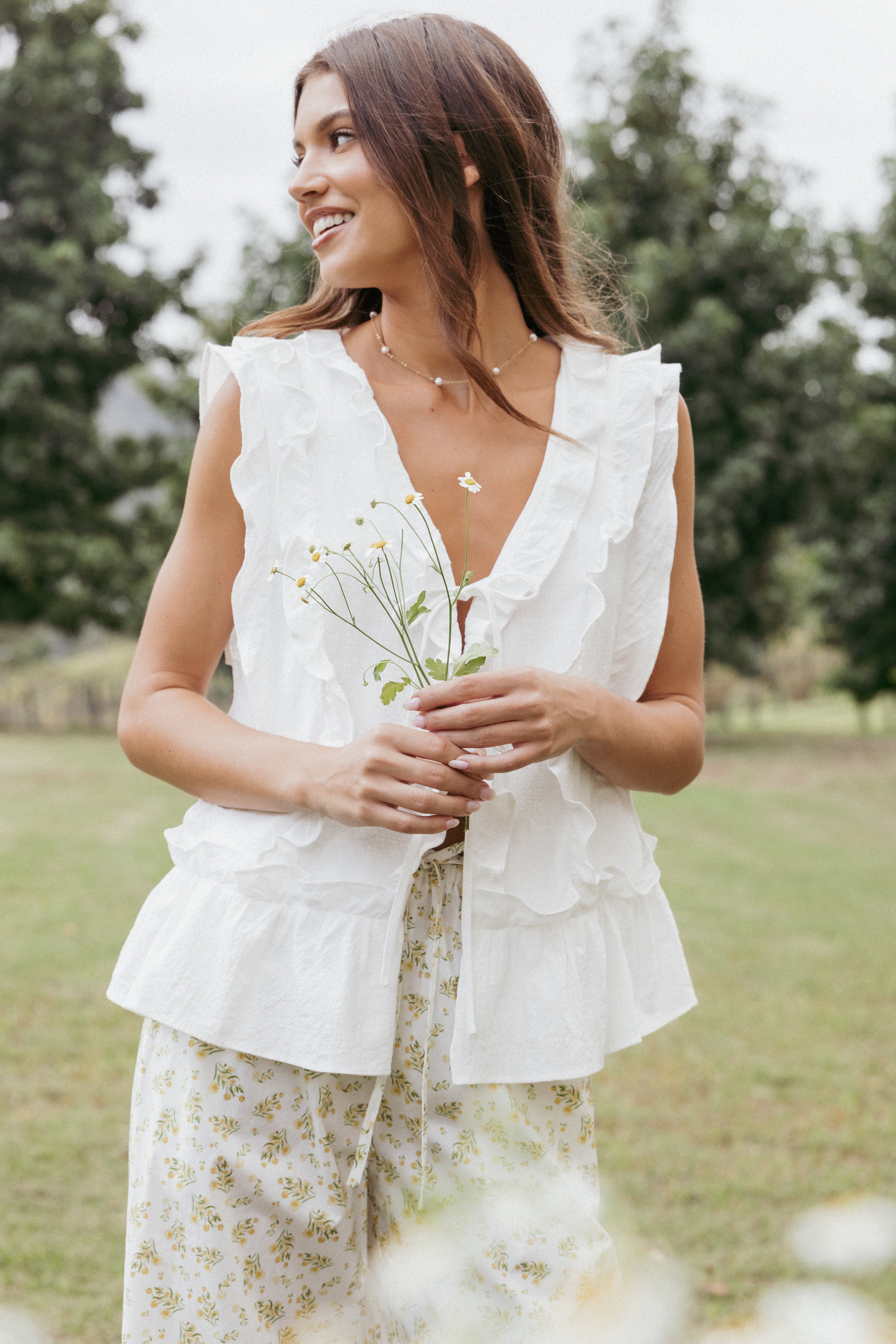Athena Ruffle Top Women's Blouse - Elegant White Floral Lace Shirt for Casual Wear, Date Night & Office Outfits