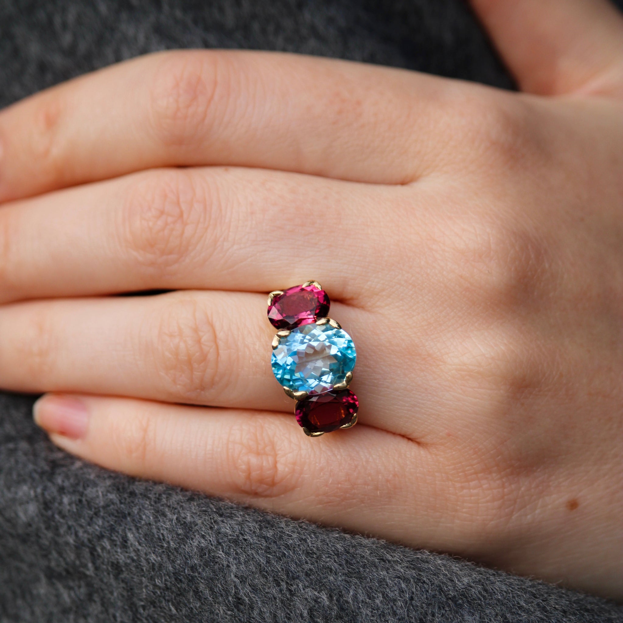 14K Gold Blue Topaz & Pink Tourmaline River Ring - Elegant Stackable Jewelry for Women, Perfect for Weddings, Anniversaries & Everyday Wear