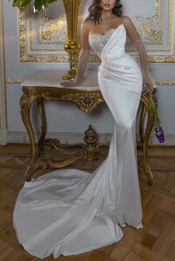 Elegant Mermaid Wedding Dress with High Slit & Beaded Sequins - Sweetheart Neckline, Detachable Train - Perfect for Beach, Church, and Formal Weddings - DR0108-05