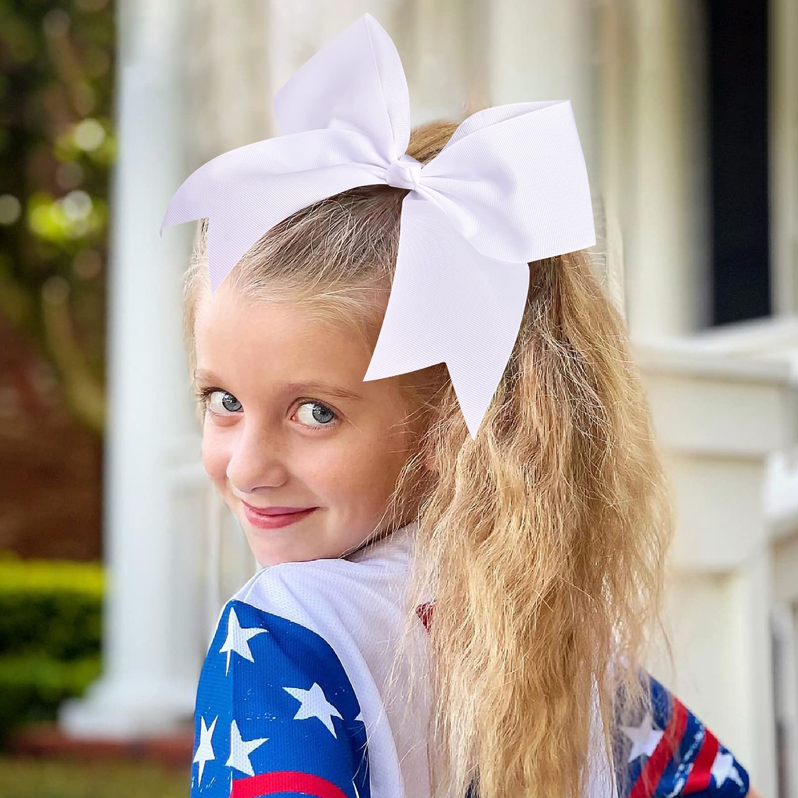 24 White Bowtie Large Glitter Blue Cheer Bows - Shiny Cheerleading Hair Bows for Competition, Dance, Gymnastics & Team Spirit Events