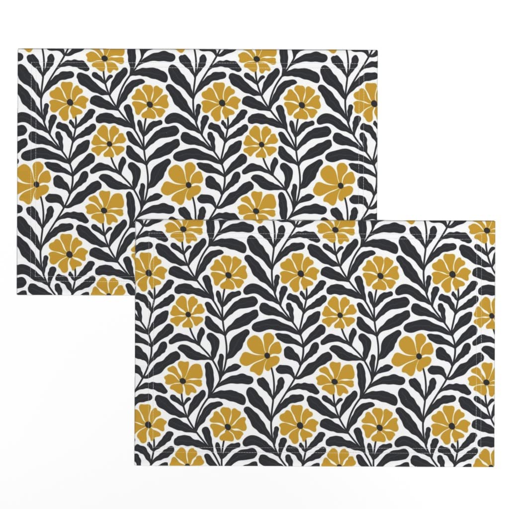 Premium Linen Cotton Canvas Placemats Set of 2 - Modern Floral Black & Yellow Leaf Nature Retro Print Table Mats for Dining Room Decor, Kitchen Table Setting, and Party Dinnerware