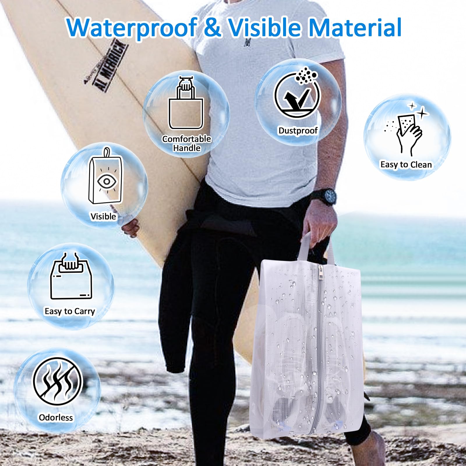 SelfTek 6 Pack Waterproof Shoe Bags for Travel - 3 Sizes Double-Sided Zipper Shoe Storage Pouches with Handle for Men, Women & Kids - Perfect for Family Vacations, Gym, Sports & Airplane Carry-On Luggage