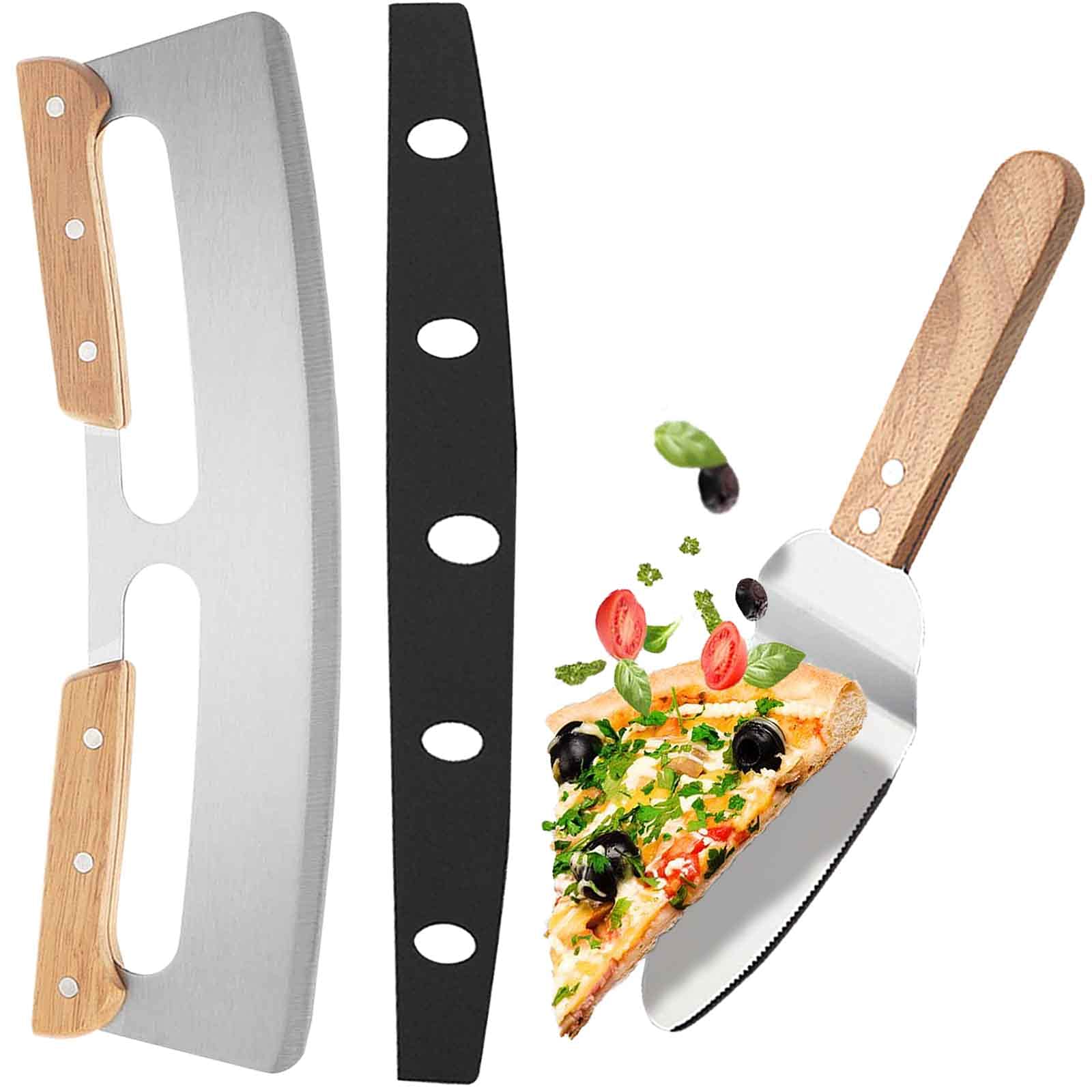 Stainless Steel Pizza Cutter with Wooden Handle & Protective Cover - 14 Inch Large Metal Pizza Slicer & Cake Server Set - Durable Kitchen Tools for Homemade Pizza, Bread, BBQ, Baking - Perfect for Parties, Family Gatherings & Restaurant Use