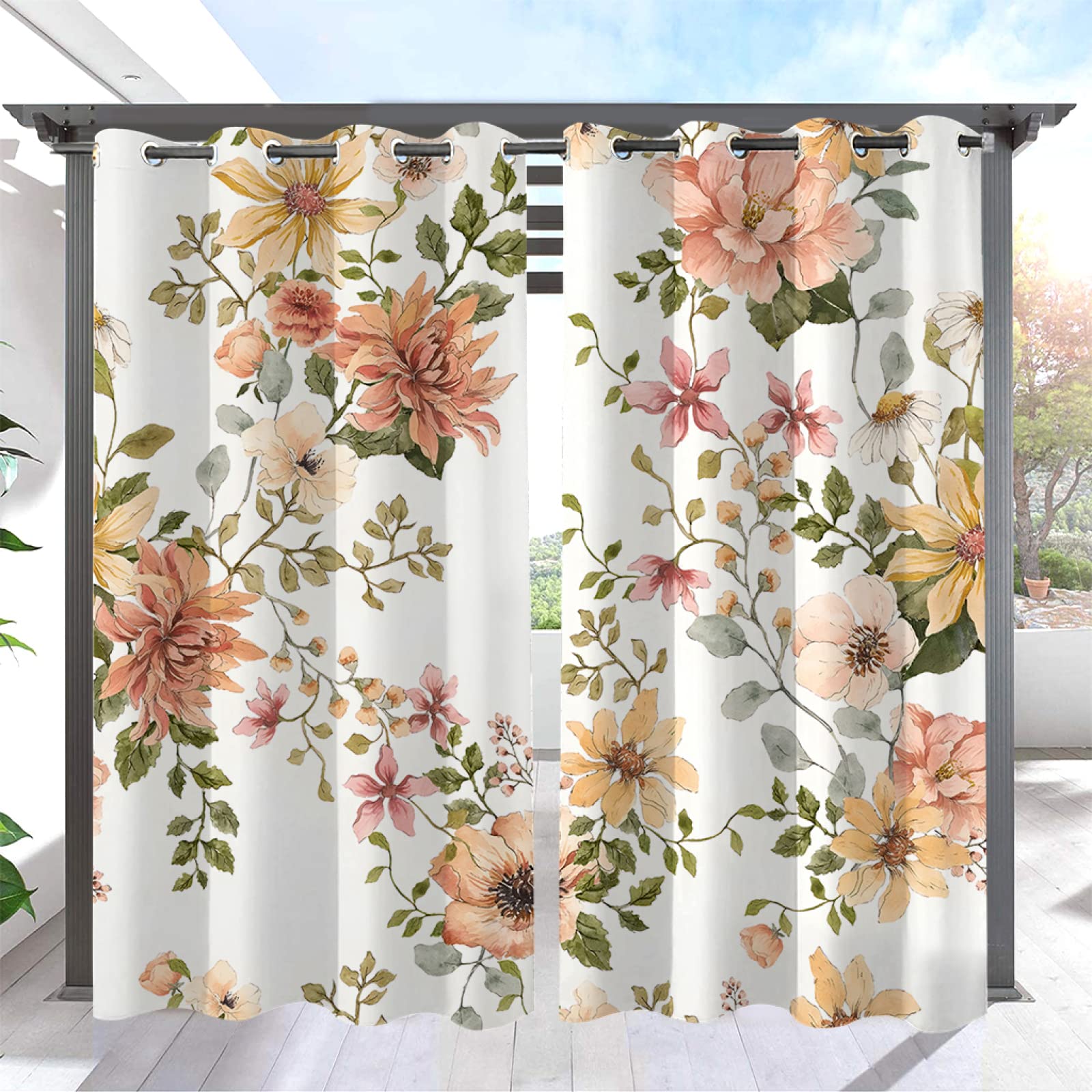 **Beige Floral Blackout Curtains 84x54 Inches - Soundproof Thermal Insulated Outdoor Curtains with Grommets, 2 Panels for Patio, Garden, or Balcony Decor (No Rods Included)**