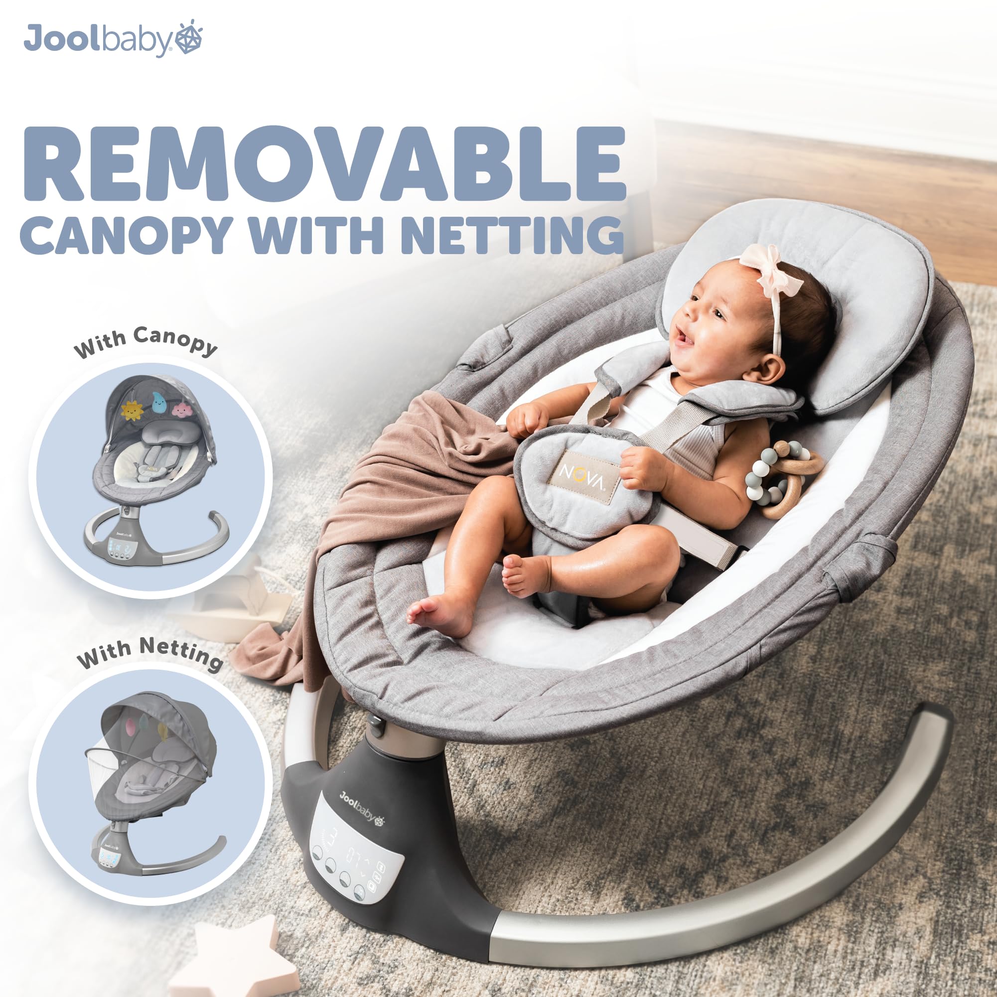 Jool Baby Nova Electric Baby Swing for Newborns & Infants - Bluetooth Enabled Motorized Infant Swing with 10 Soothing Melodies, Remote Control (2024 Model) - Perfect for Nursery, Daycare & Soothing Fussy Babies
